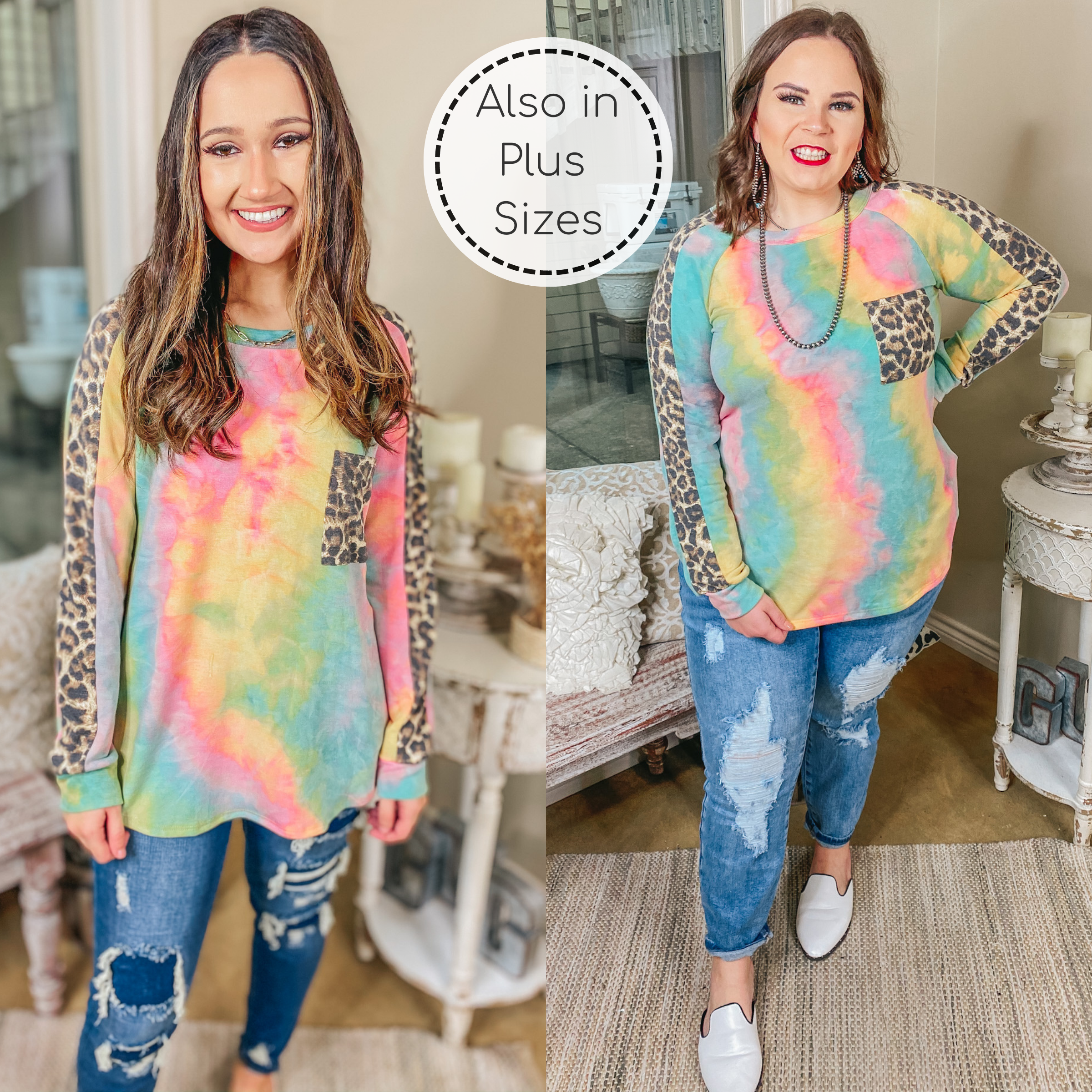 Last Chance Size Small & 3XL | She's A Hippie Sister Tie Dye Long Sleeve Top with Leopard Accents in Yellow, Pink, and Blue - Giddy Up Glamour Boutique