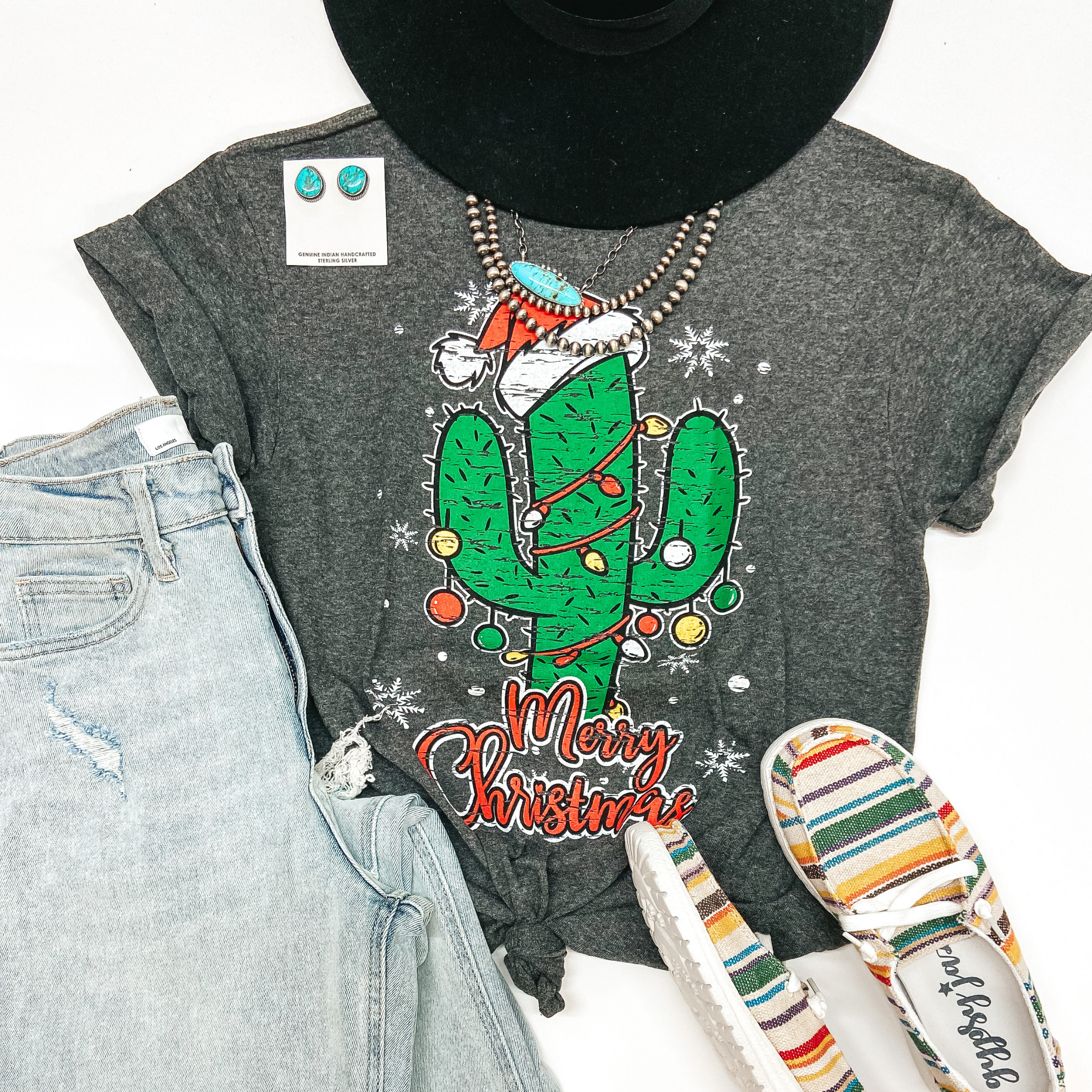 Merry Christmas Cactus Tree Short Sleeve Graphic Tee in Charcoal Heather Grey - Giddy Up Glamour Boutique