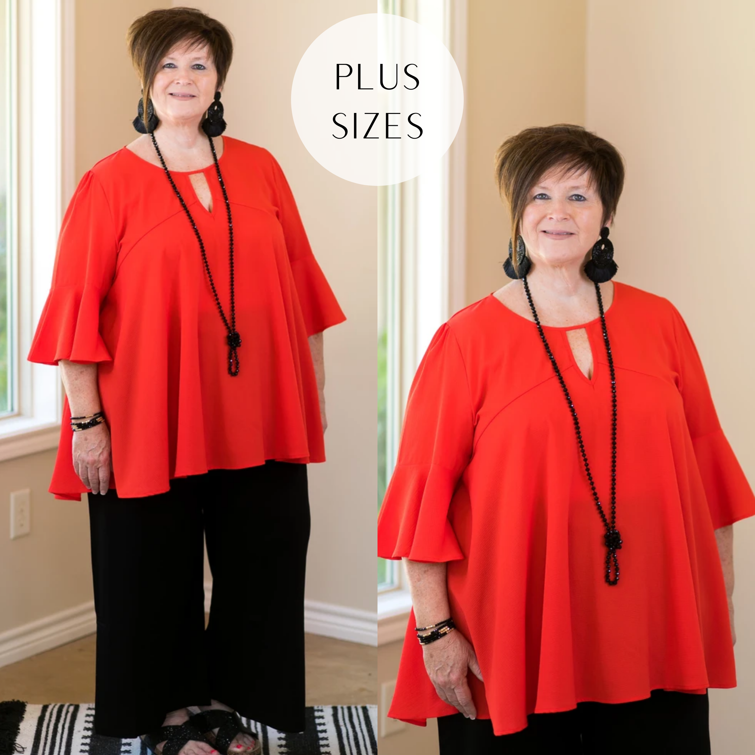 Plus Size | Meet Me In The Middle Flare Sleeve Top with Keyhole in Tomato Red