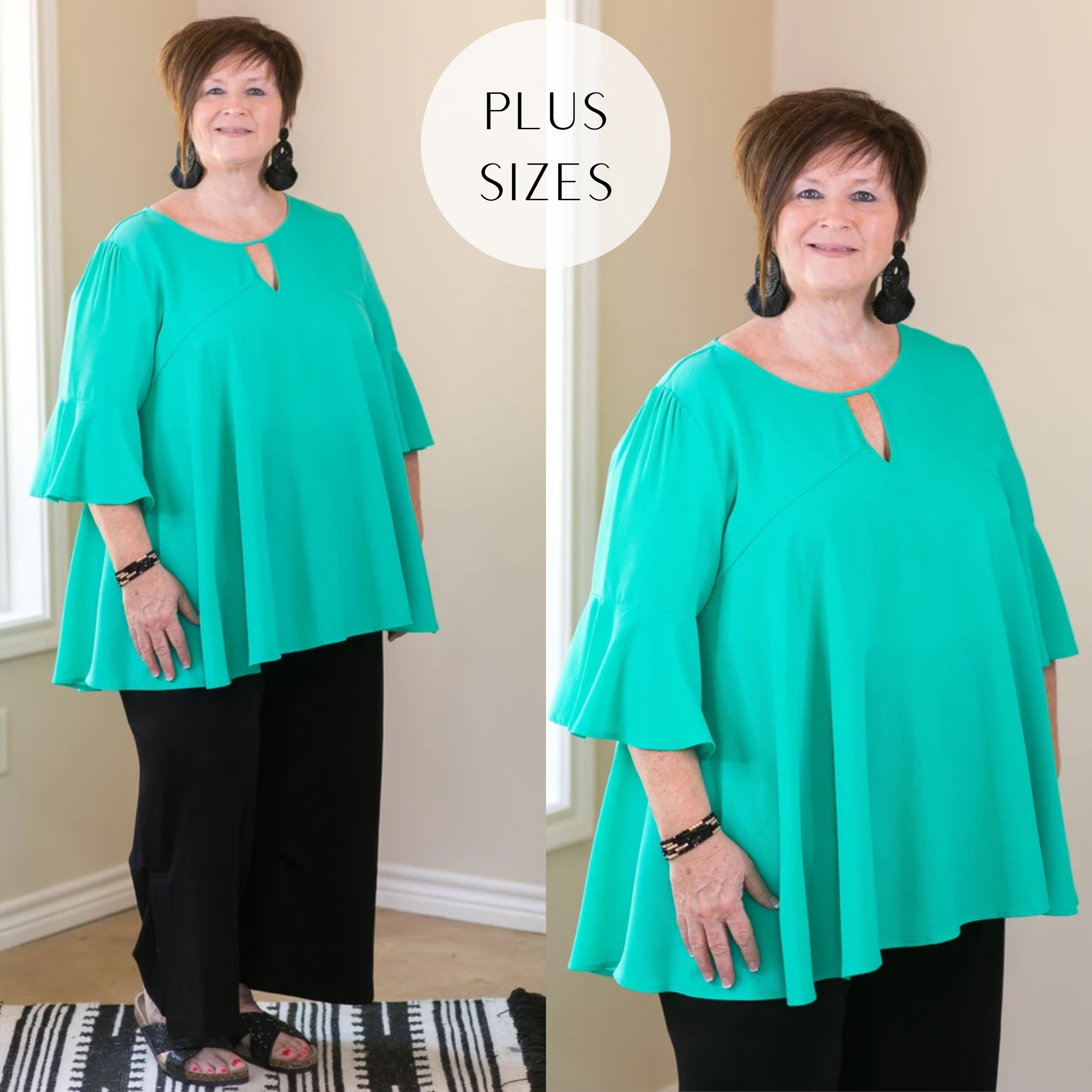 Last Chance Size XL & 1XL | Plus Size | Meet Me In The Middle Flare Sleeve Top with Keyhole in Seafoam Green - Giddy Up Glamour Boutique