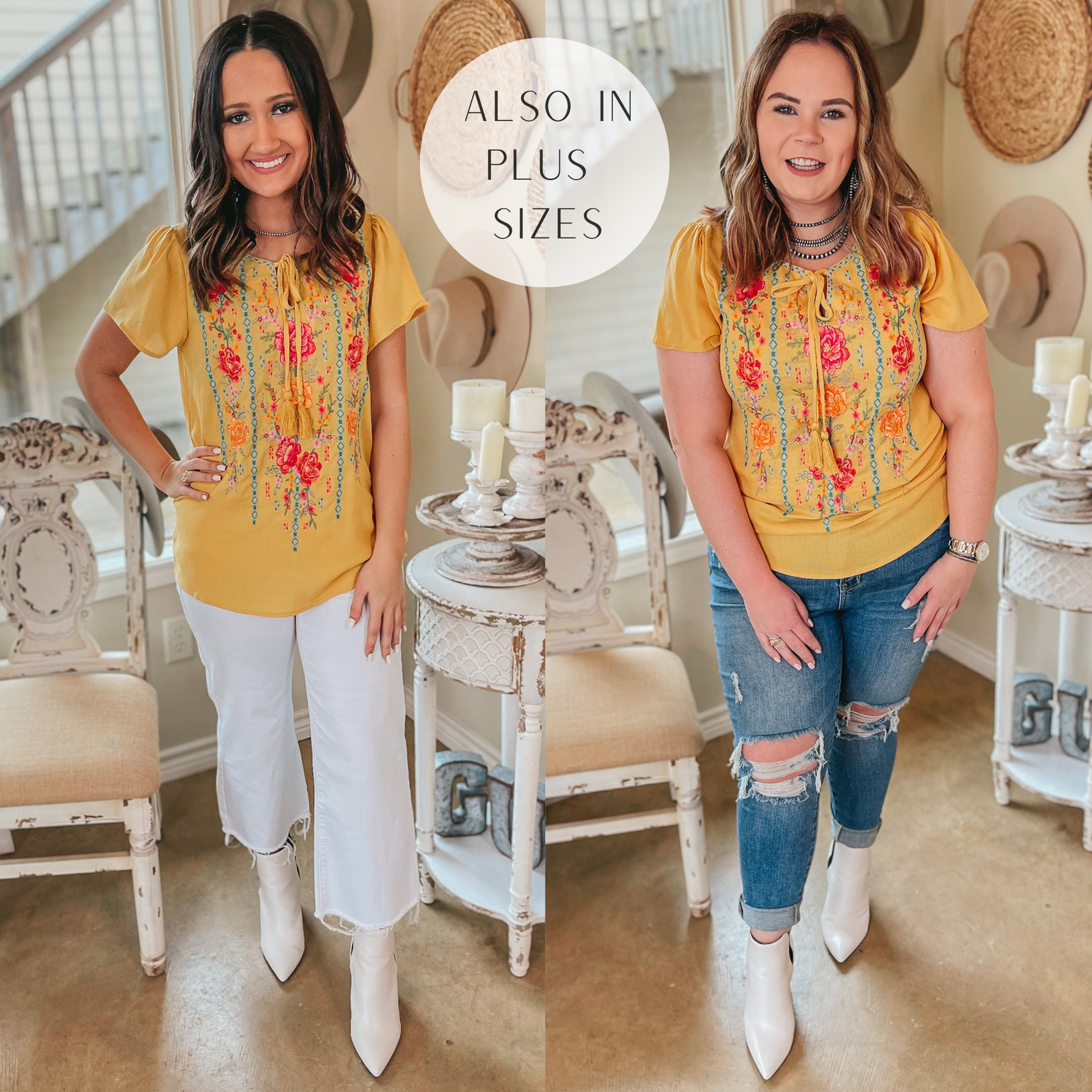 Last Chance Size Small | Classic Summer Look Floral Embroidered Front Tie Top in Mustard Yellow - Giddy Up Glamour Boutique