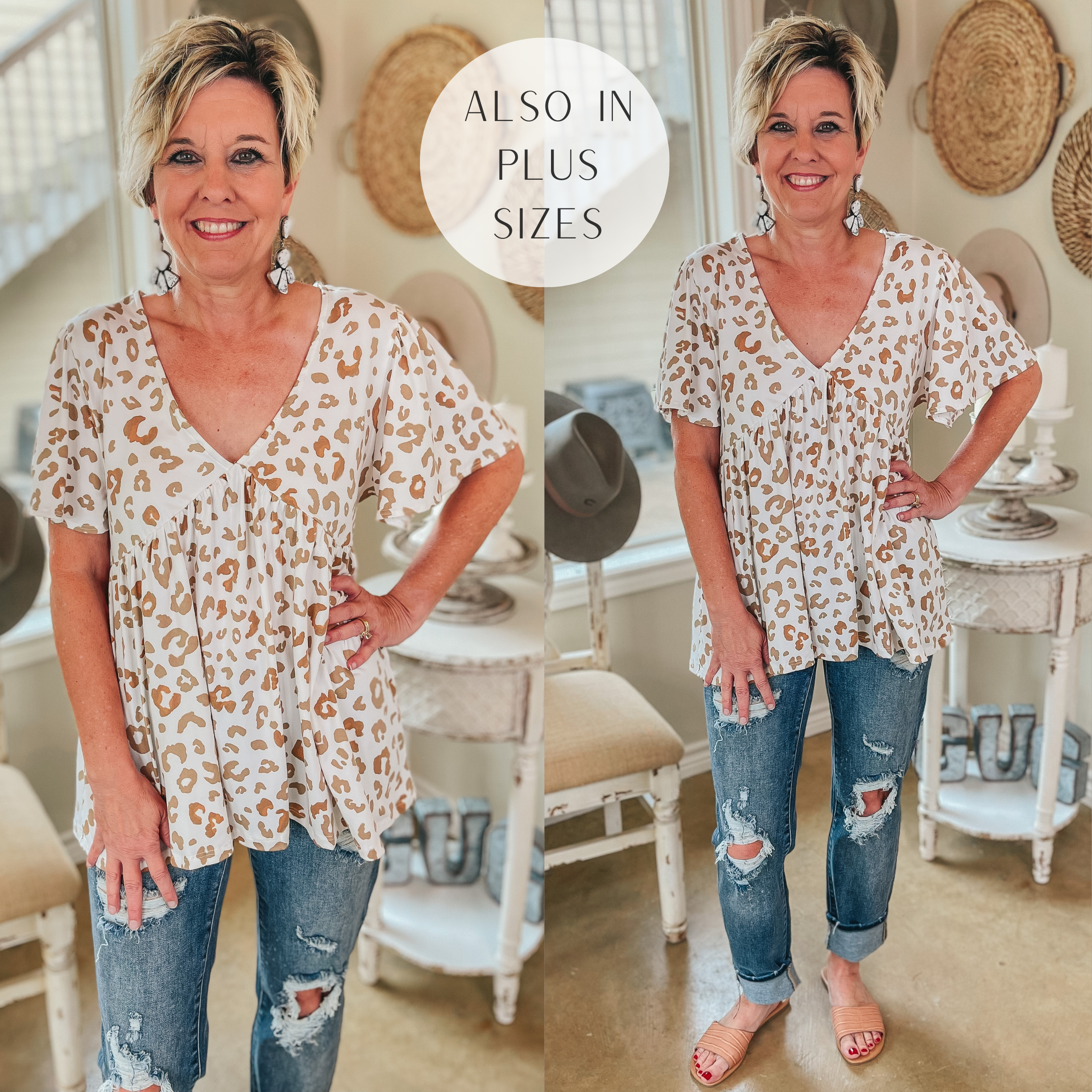 Last Chance Size Medium | Brand New Look Leopard V Neck Babydoll Top in Sand - Giddy Up Glamour Boutique