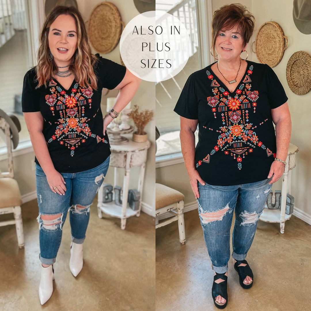 Southwest Senorita Embroidered Short Sleeve V Neck Top in Black - Giddy Up Glamour Boutique
