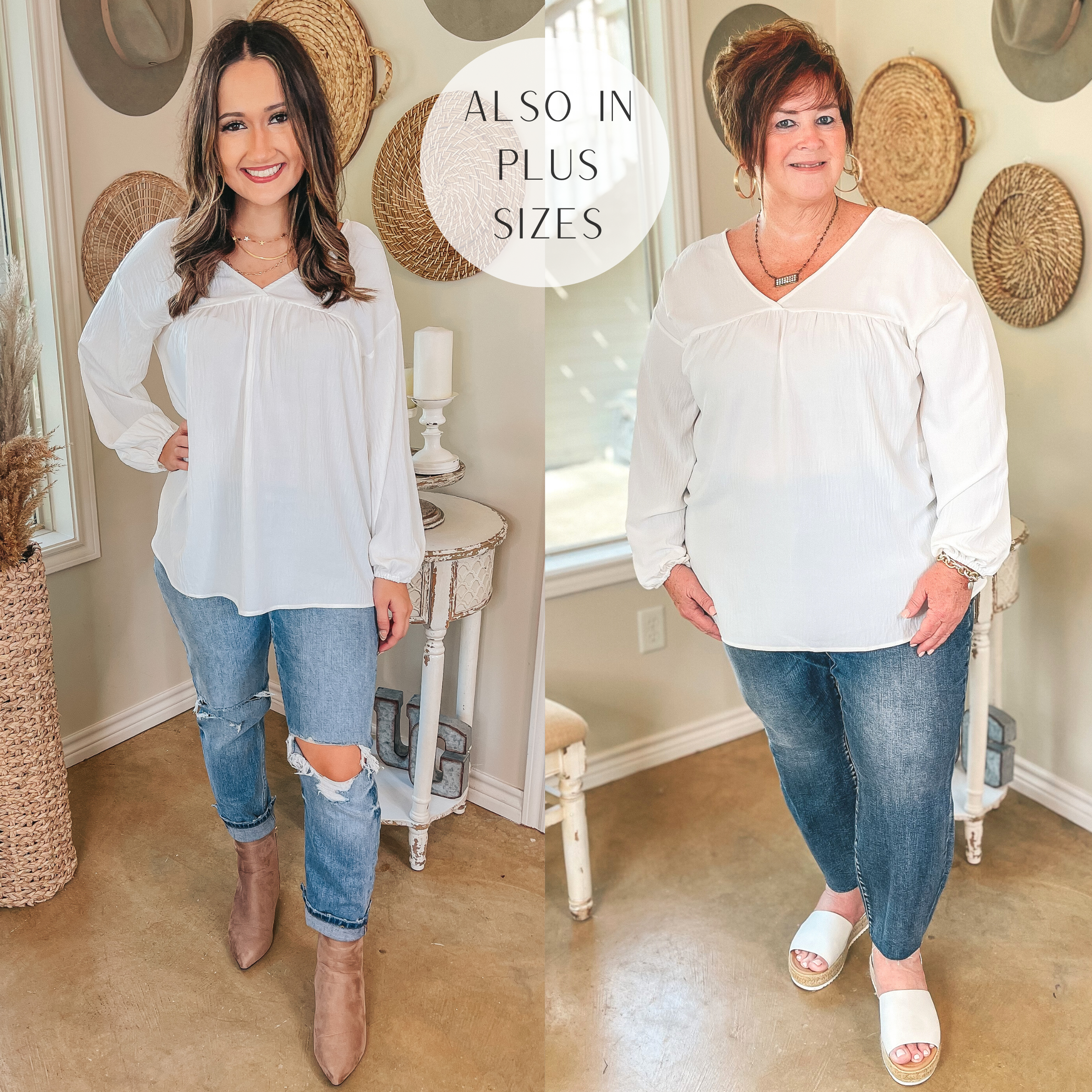 Office Feels Long Sleeve V Neck Babydoll Top in Ivory - Giddy Up Glamour Boutique