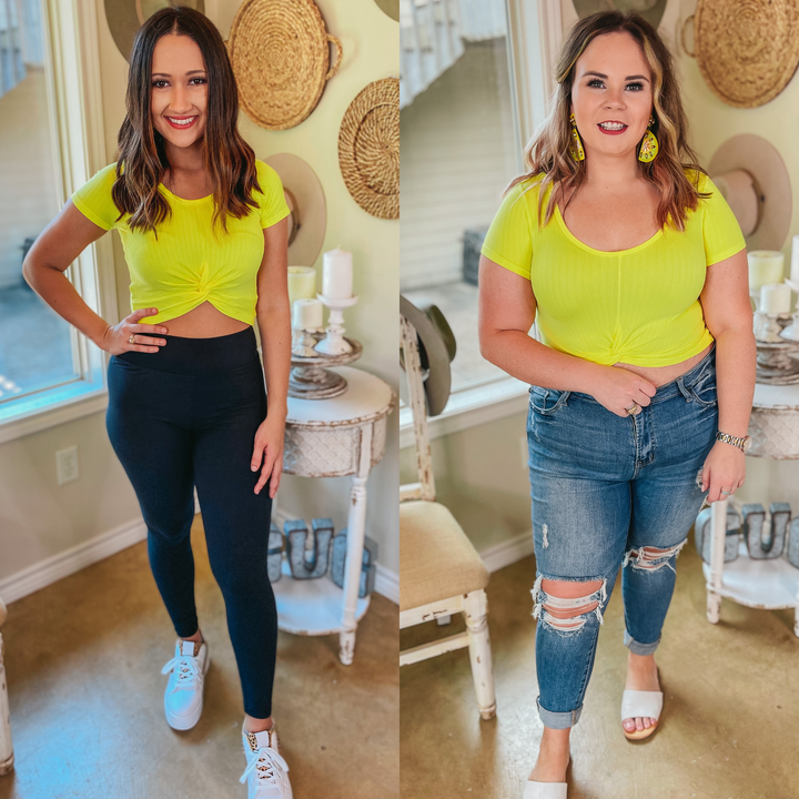 You're So Cool Short Sleeve Front Knot Crop Top in Yellow - Giddy Up Glamour Boutique