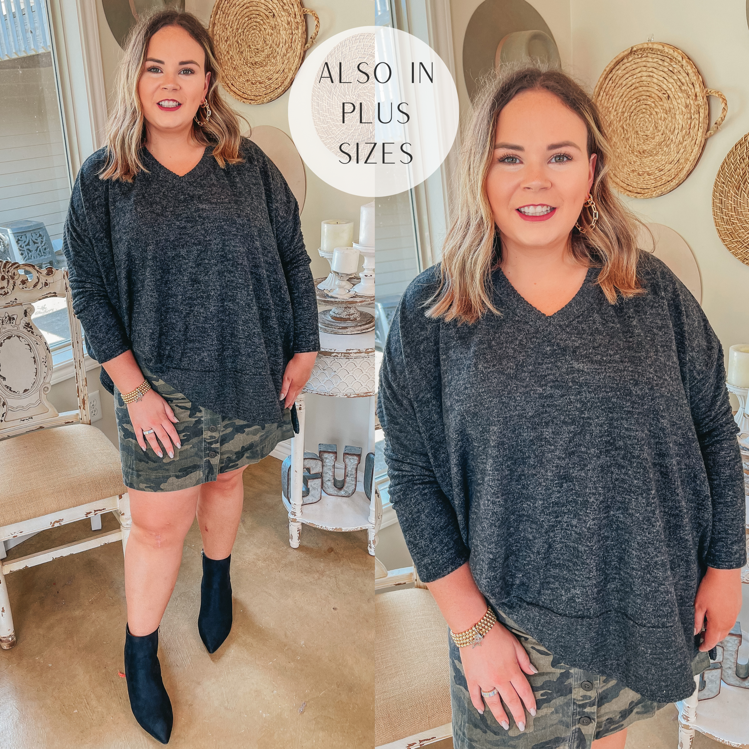 My Softer Side Long Sleeve Poncho Brushed Hacci Top in Heather Black - Giddy Up Glamour Boutique