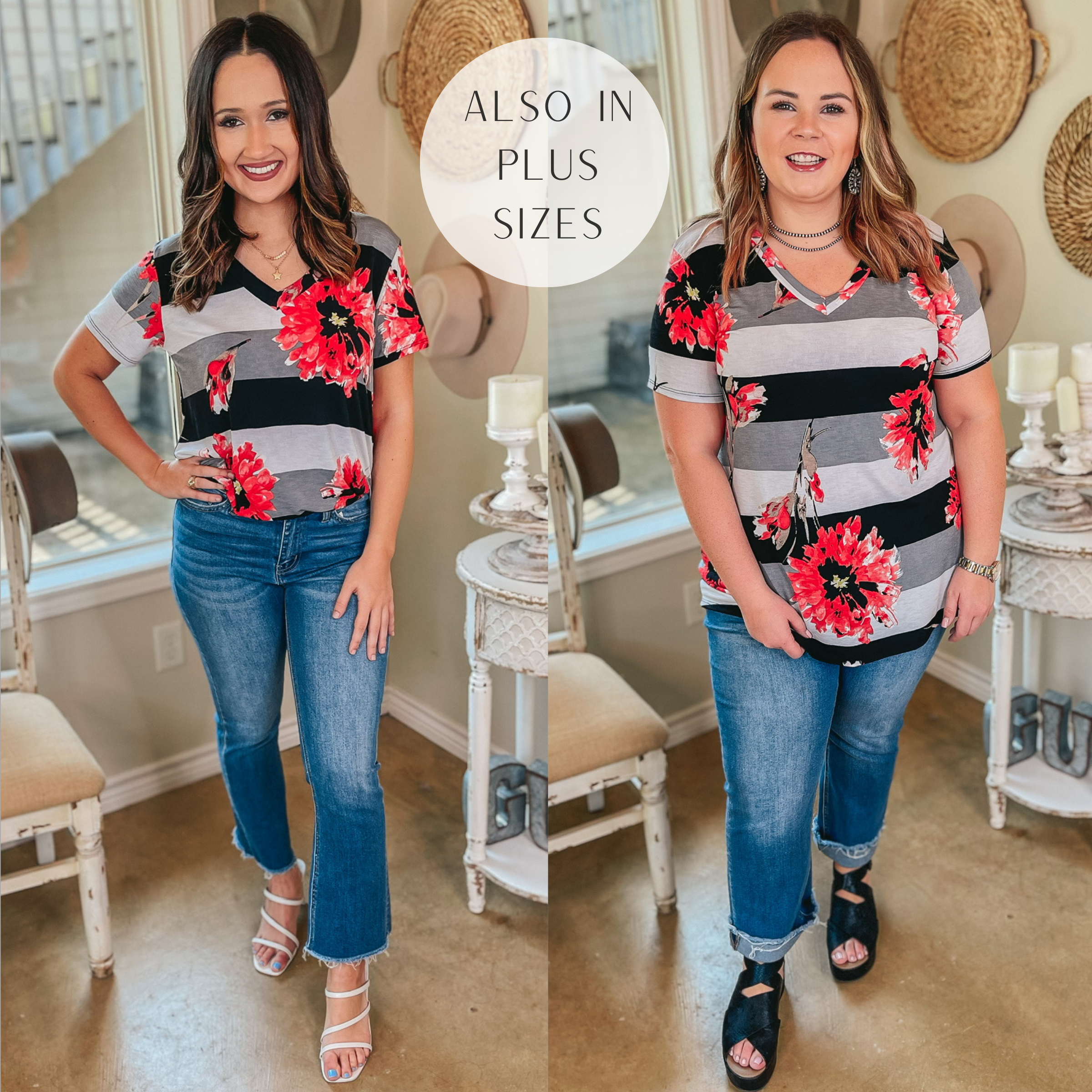Keep Things Simple Floral and Striped V Neck Tee in Black and Coral - Giddy Up Glamour Boutique