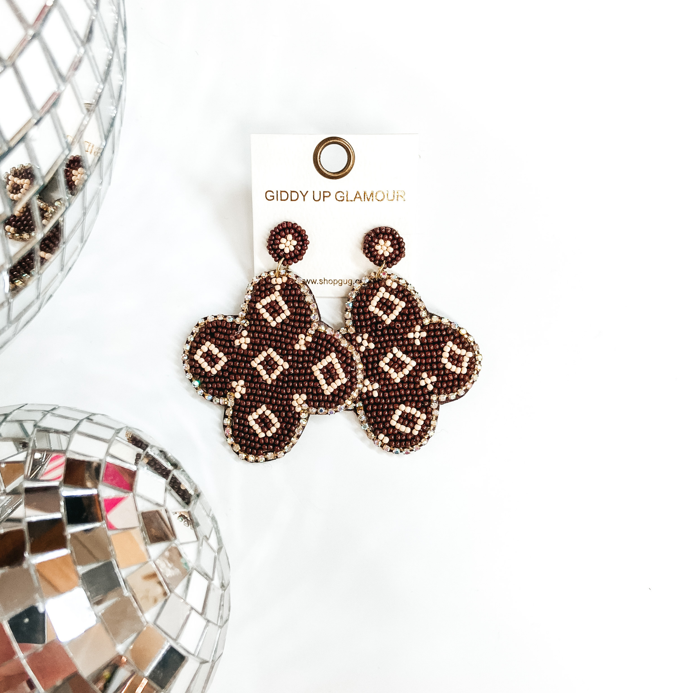 Designer Lifestyle Seedbead Quatrefoil Earrings in Brown - Giddy Up Glamour Boutique