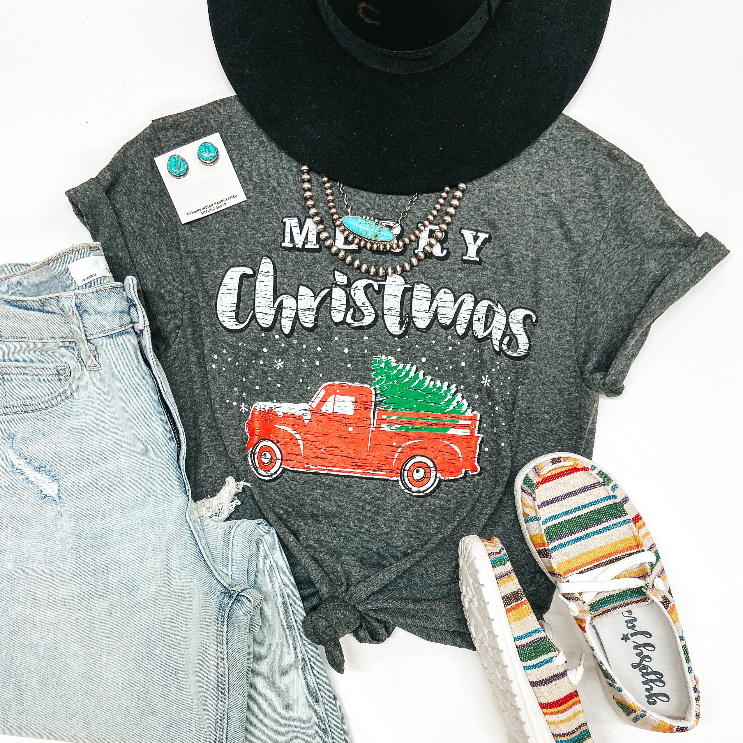 Merry Christmas Pick Up Truck Short Sleeve Graphic Tee in Charcoal Heather Grey - Giddy Up Glamour Boutique