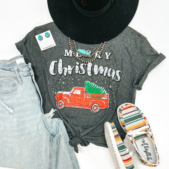 Merry Christmas Pick Up Truck Short Sleeve Graphic Tee in Charcoal Heather Grey - Giddy Up Glamour Boutique