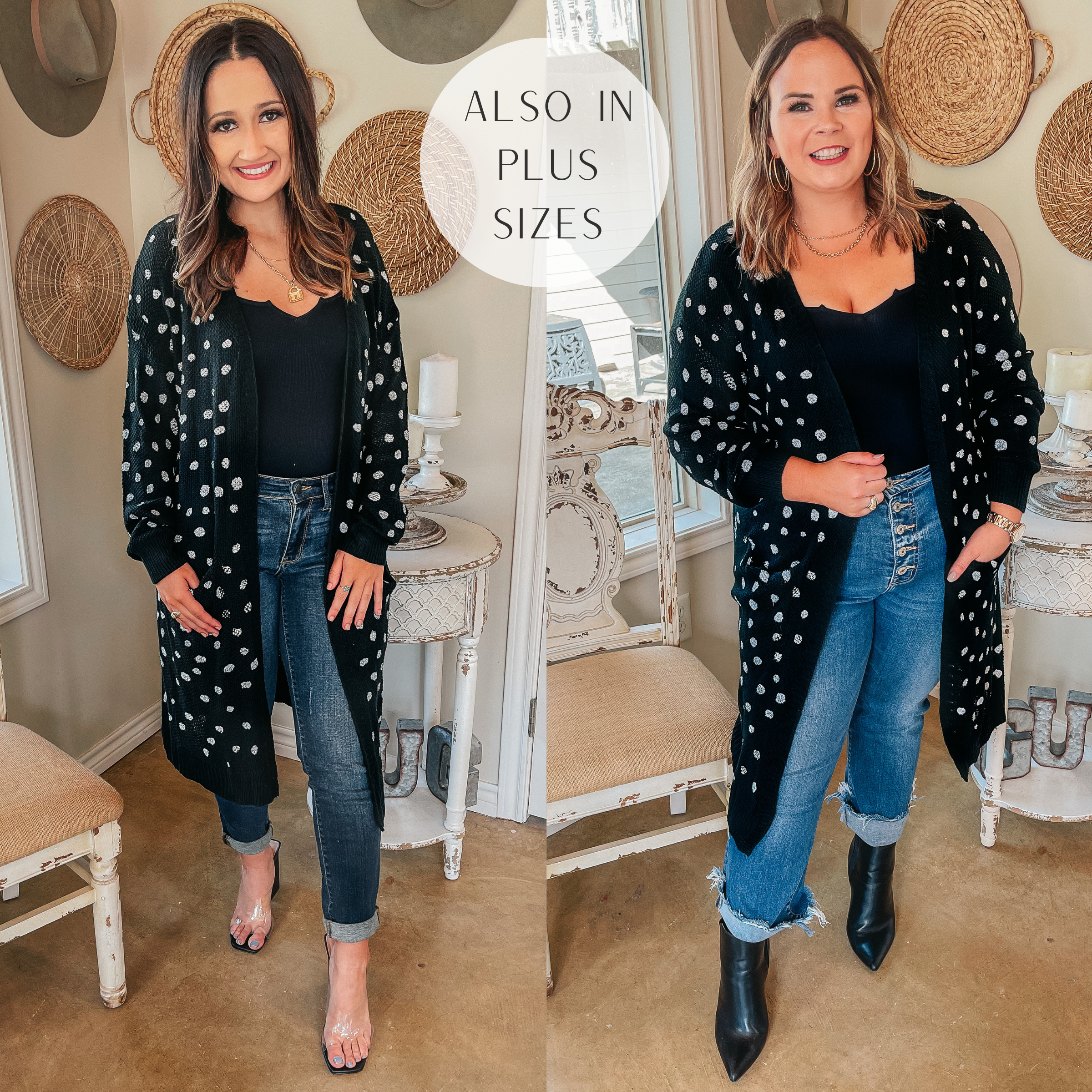 Boho Lifestyle Long Sleeve Polka Dot Duster Cardigan in Black - Giddy Up Glamour Boutique