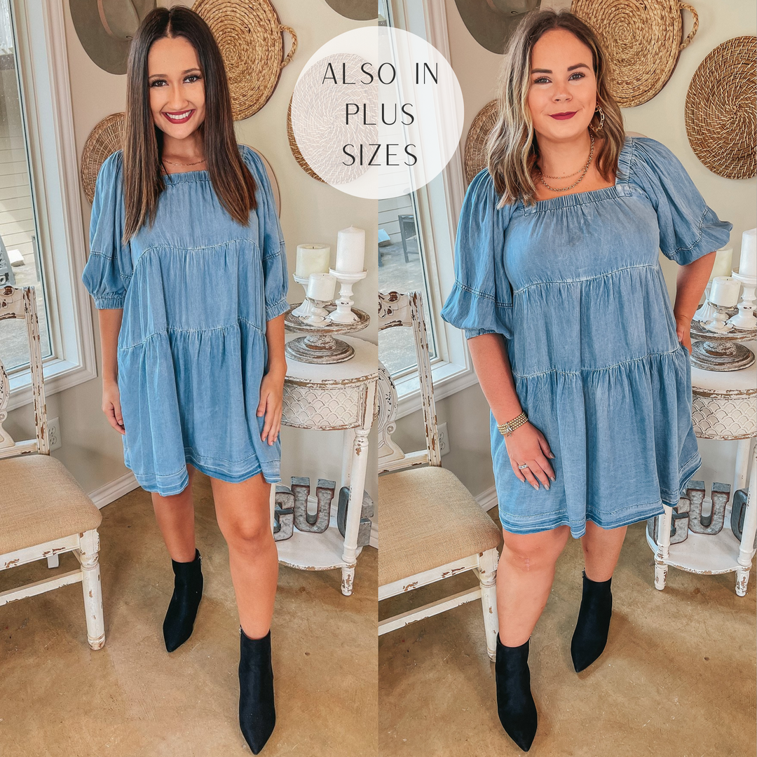 Wine Mixer Square Neck Chambray Tiered Dress in Light Wash - Giddy Up Glamour Boutique