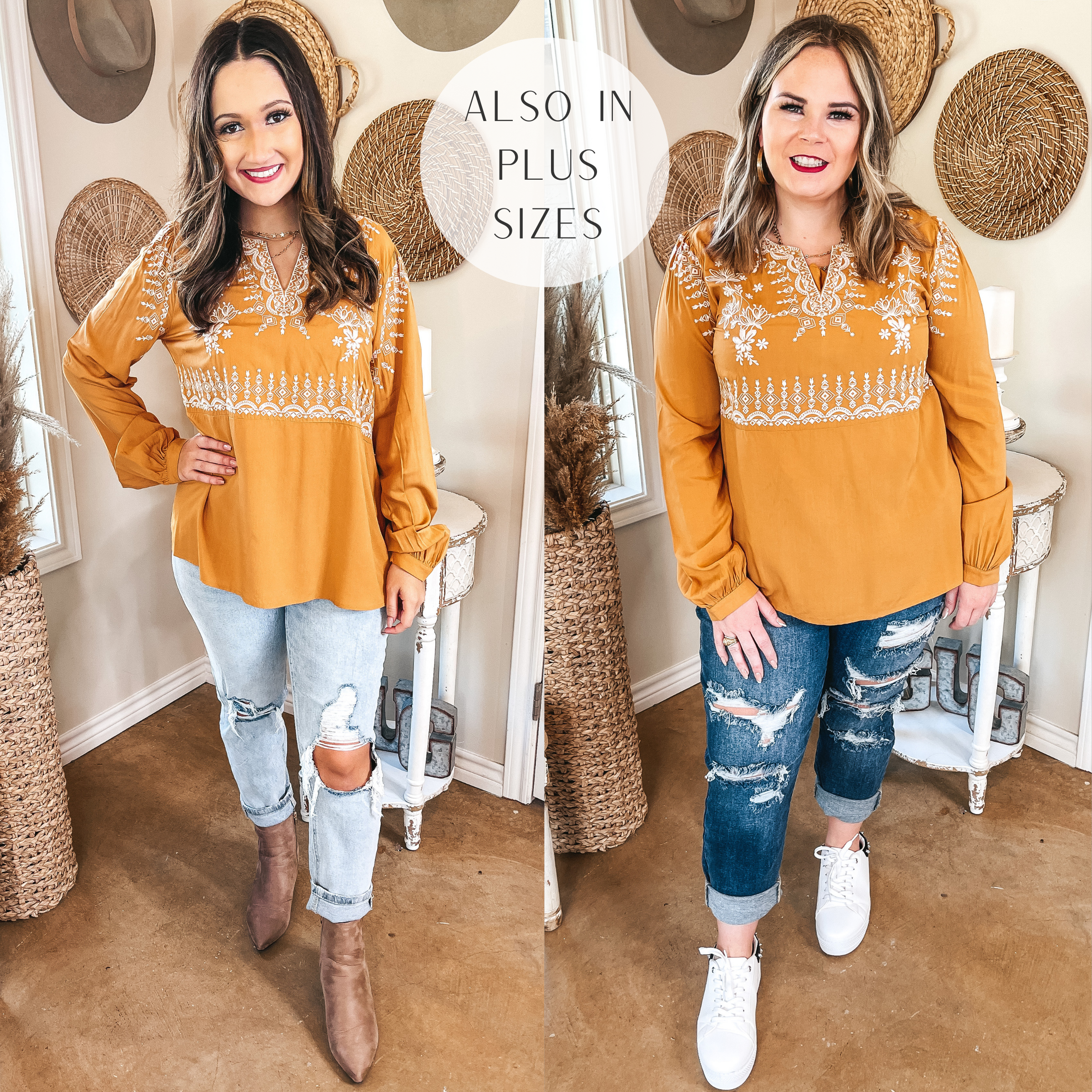 Making Connections Ivory Embroidered Long Sleeve Top in Mustard Yellow - Giddy Up Glamour Boutique