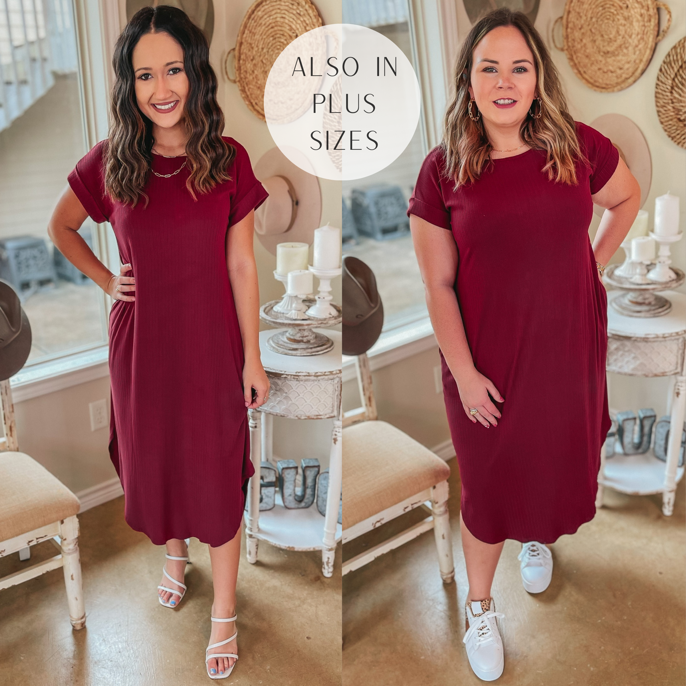 Chill Looks Short Sleeve Ribbed Midi Dress in Maroon - Giddy Up Glamour Boutique