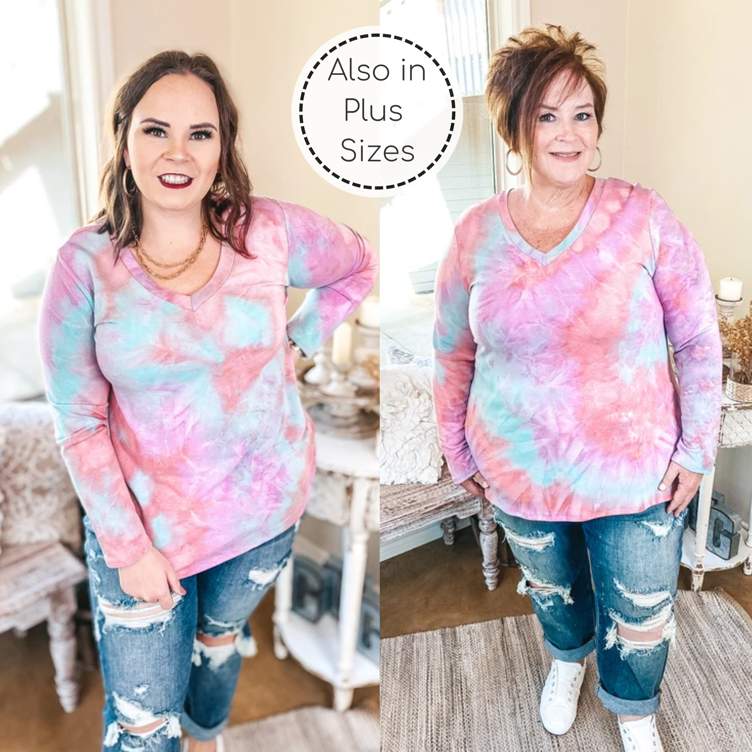 Last Chance S & M | Keep Things Simple Long Sleeve Tie Dye V Neck Pullover Top in Mint and Purple - Giddy Up Glamour Boutique
