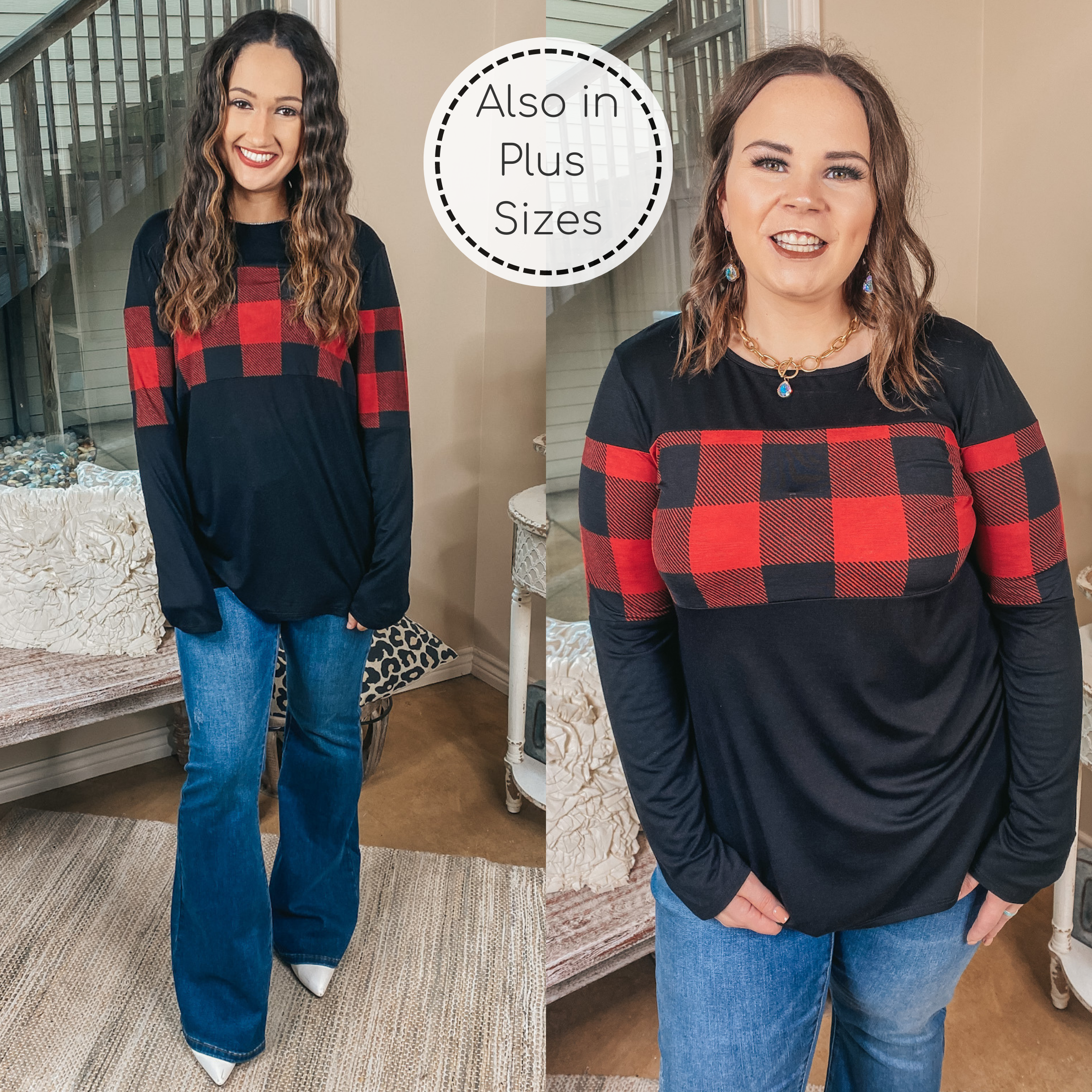 One Way Ticket North Buffalo Plaid Bust Long Sleeve Top in Red and Black - Giddy Up Glamour Boutique