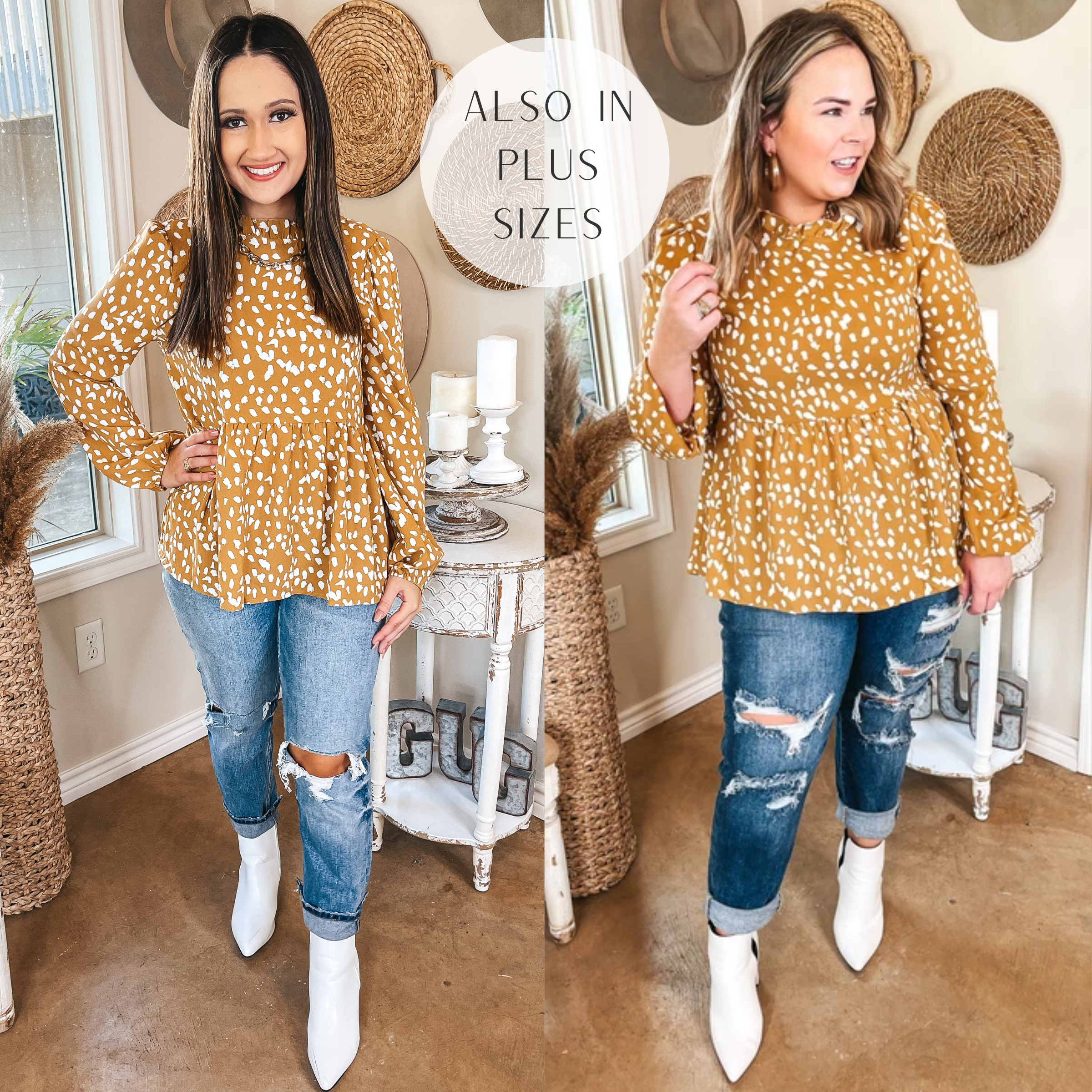Brunch in the City Dotted High Neck Babydoll Blouse with Long Sleeves in Mustard Yellow - Giddy Up Glamour Boutique