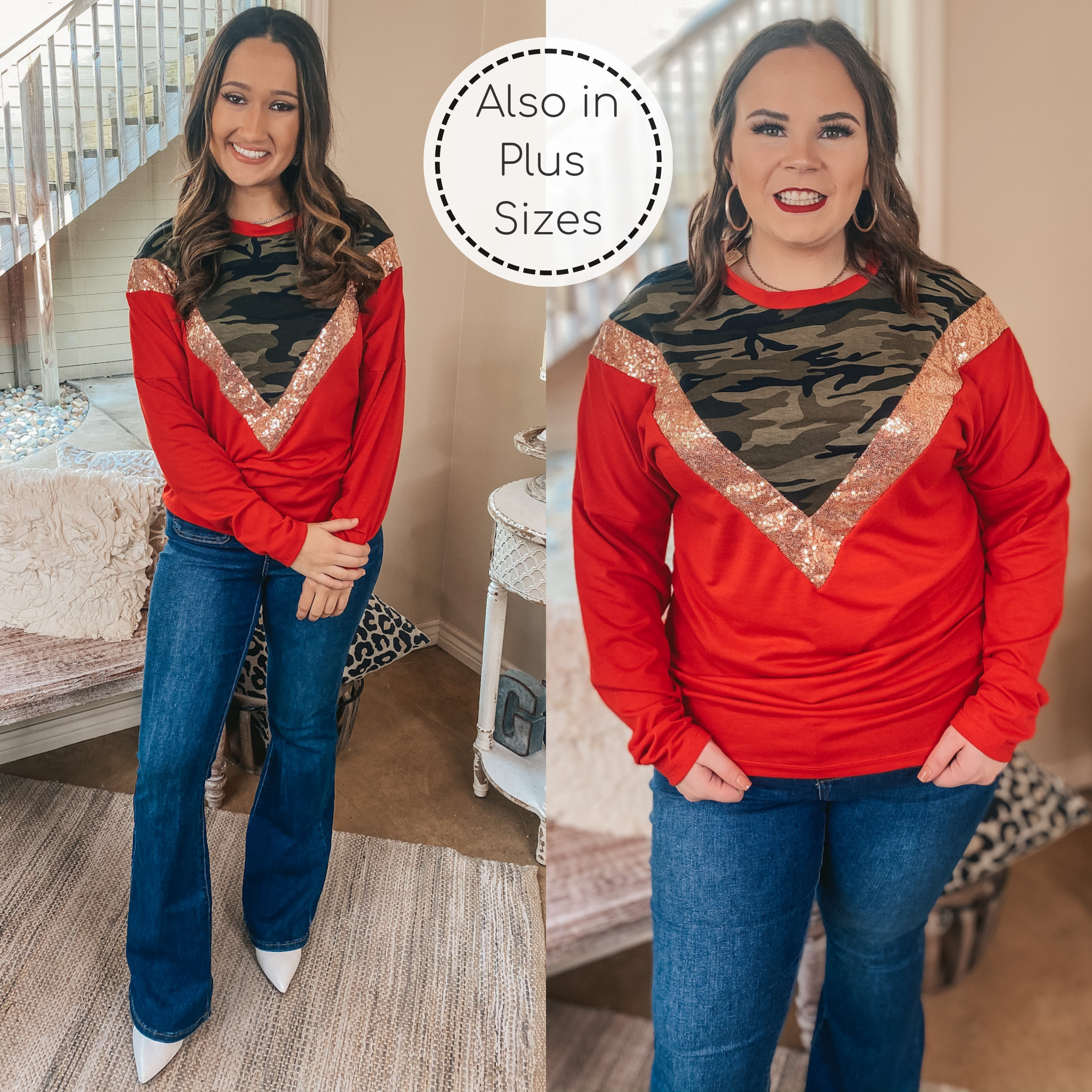 A Sparkly Mindset Camouflage and Sequin Color Block Top in Red - Giddy Up Glamour Boutique