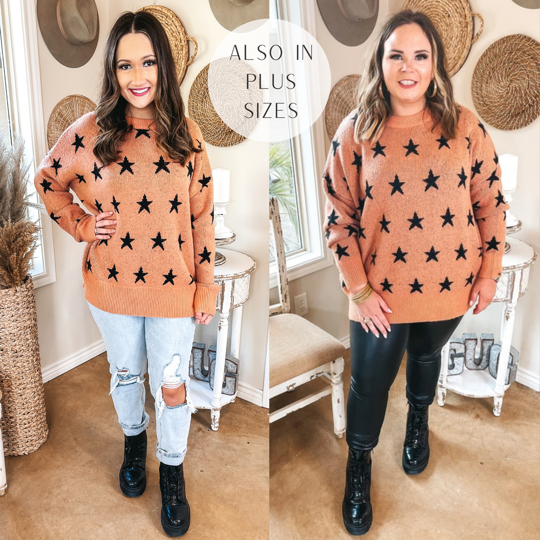 Pumpkin Spice Dreams Star Print Long Sleeve Sweater in Coral Orange - Giddy Up Glamour Boutique