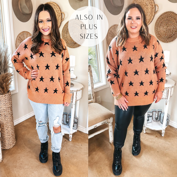 Pumpkin Spice Dreams Star Print Long Sleeve Sweater in Coral Orange - Giddy Up Glamour Boutique