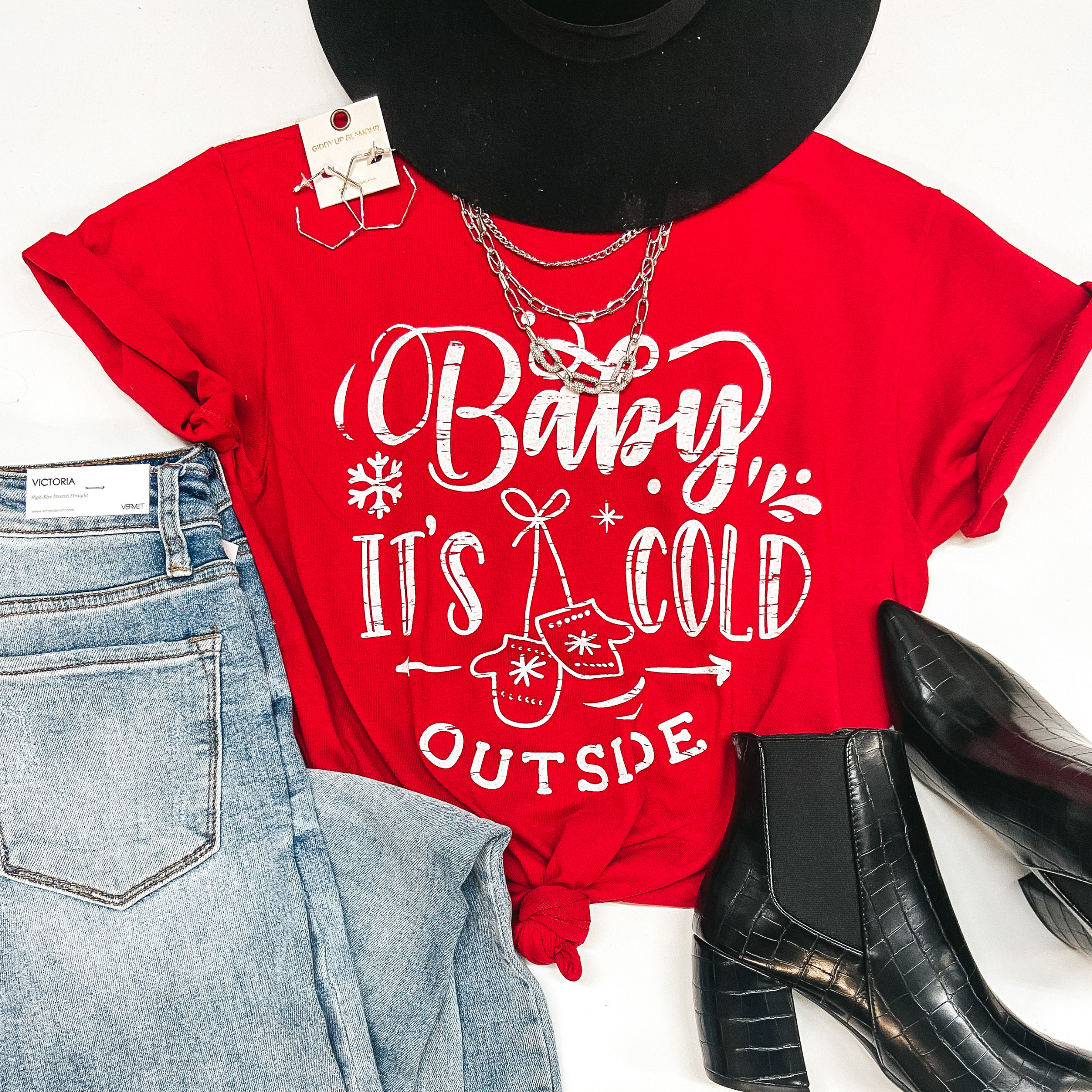 Baby It's Cold Outside Short Sleeve Graphic Tee in Red - Giddy Up Glamour Boutique