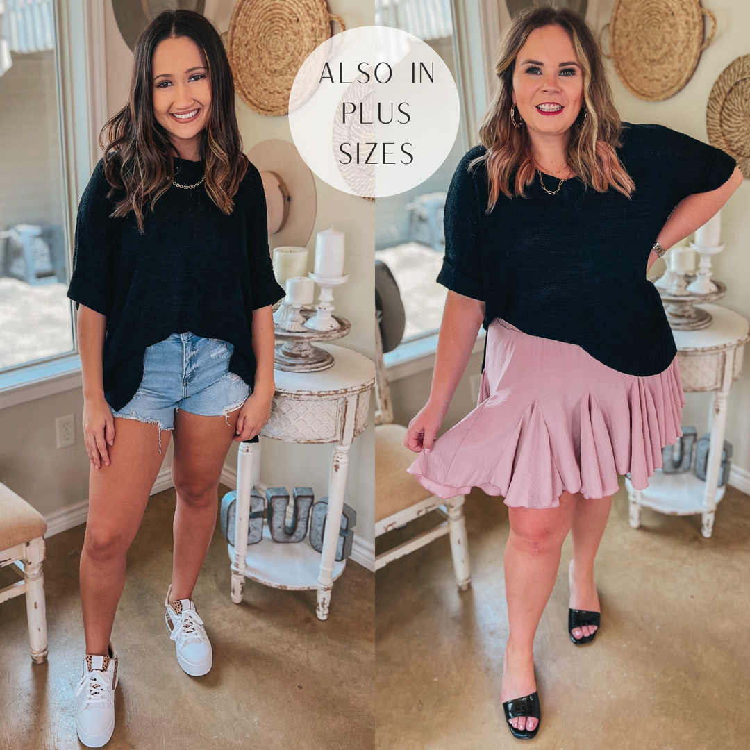 Right Idea Short Drop Sleeve V Neck Knit Sweater in Black - Giddy Up Glamour Boutique