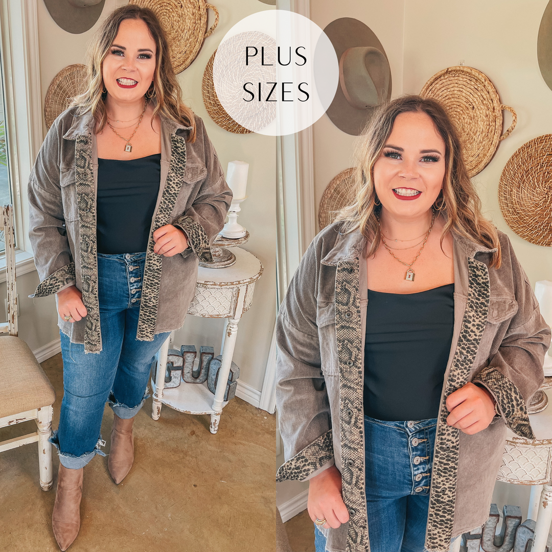 Plus Sizes | Deer Valley Resort Corduroy Shacket with Animal Print Trim in Stone Grey - Giddy Up Glamour Boutique