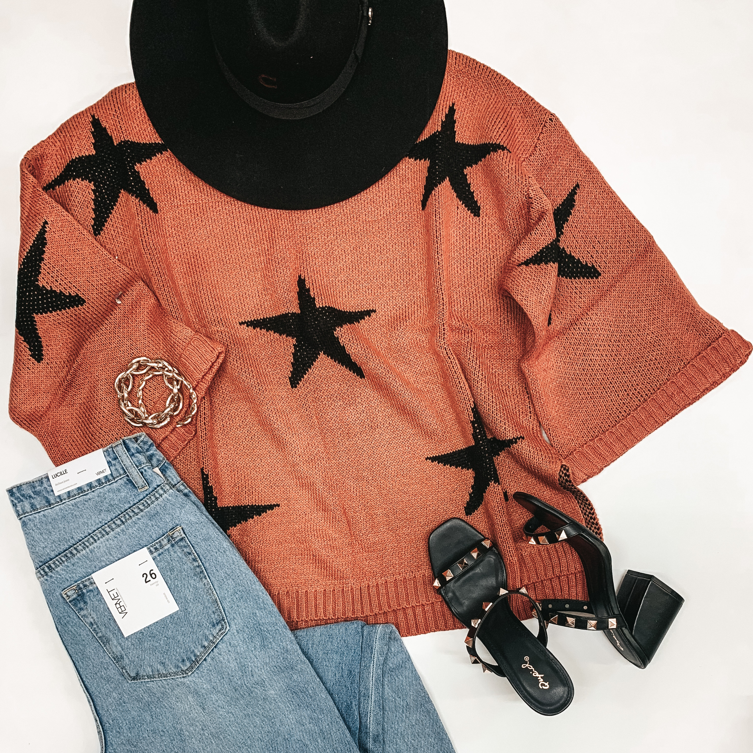 Brightest Dreams Star Print Oversized Sweater in Rust - Giddy Up Glamour Boutique