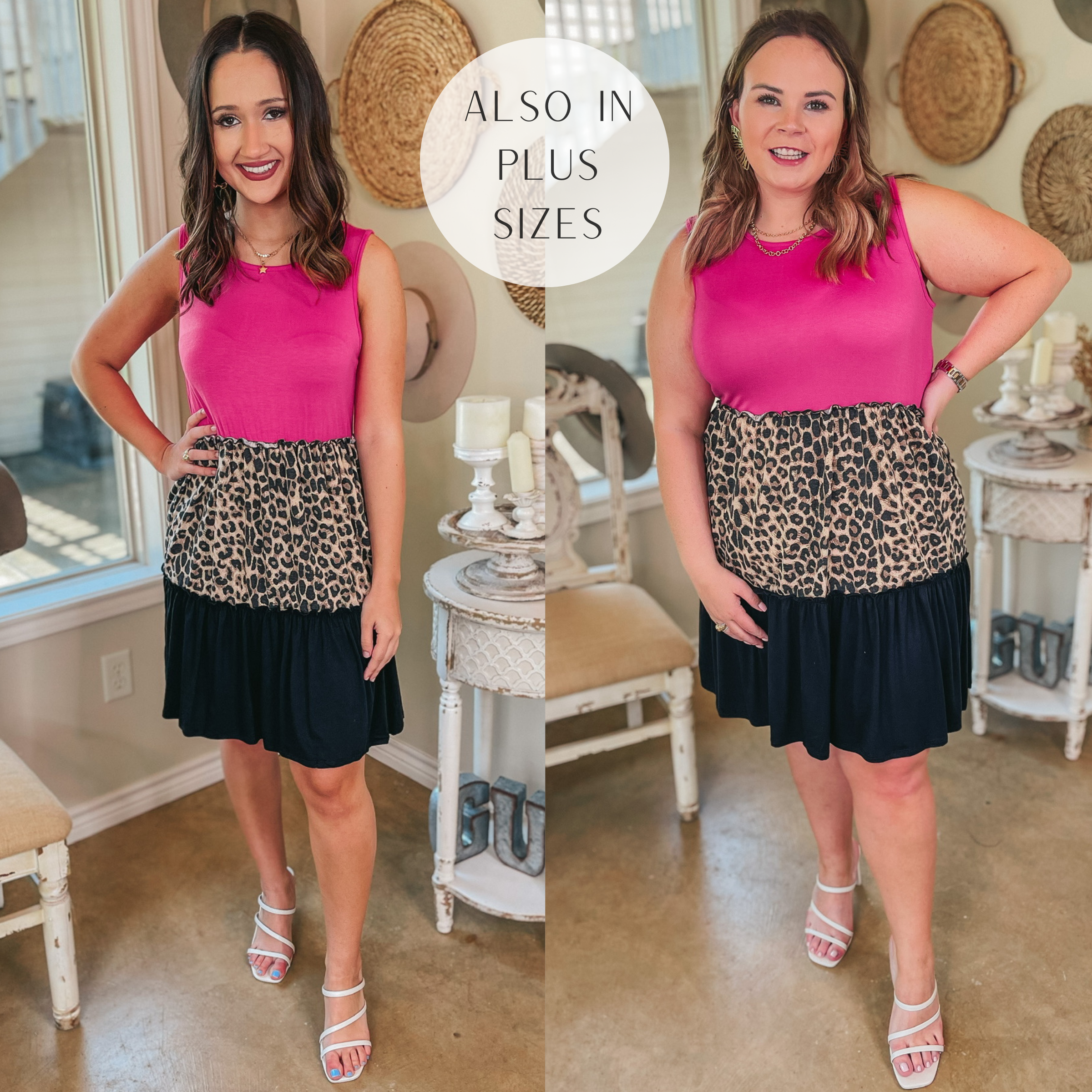 Right On Time Ruffle Tiered Leopard Print Block Dress in Fuchsia - Giddy Up Glamour Boutique