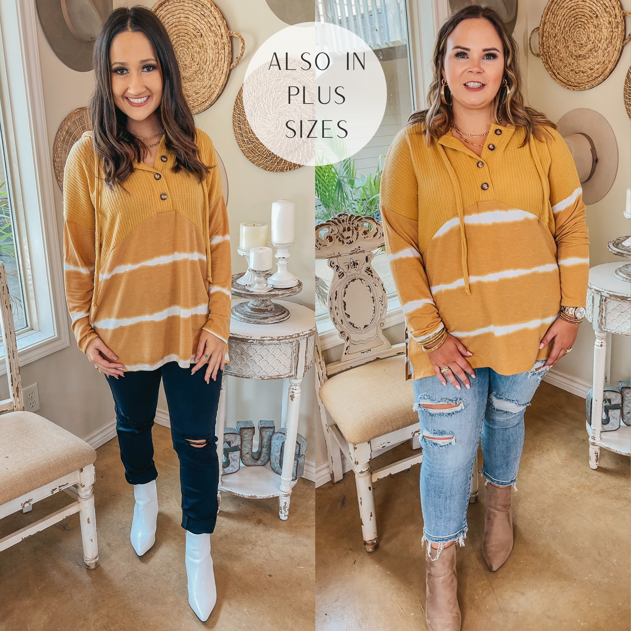 Next Chapter Striped Tie Dye Waffle Knit Hoodie Top in Mustard - Giddy Up Glamour Boutique