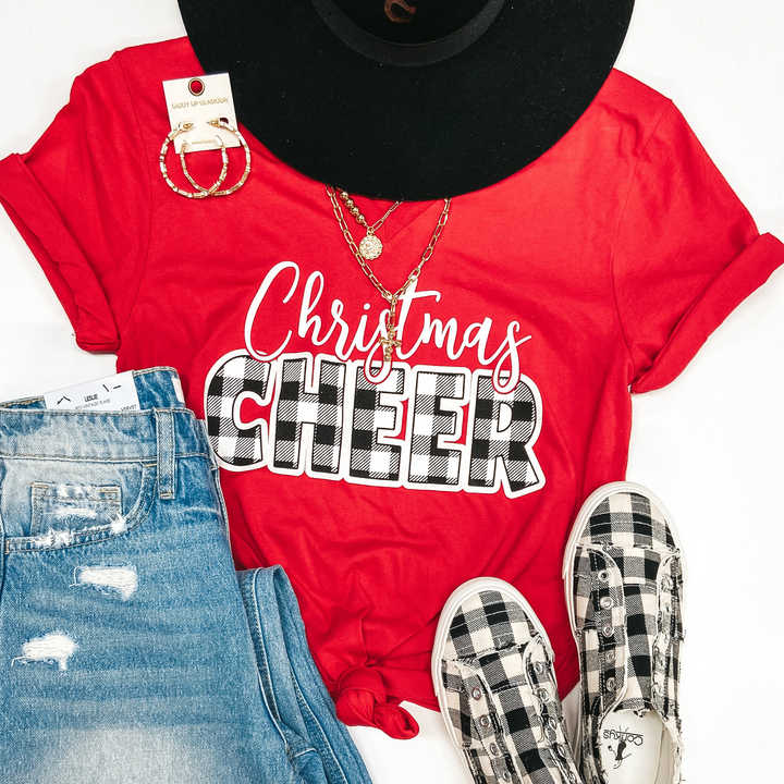 Christmas Cheer Short Sleeve Graphic Tee in Red - Giddy Up Glamour Boutique