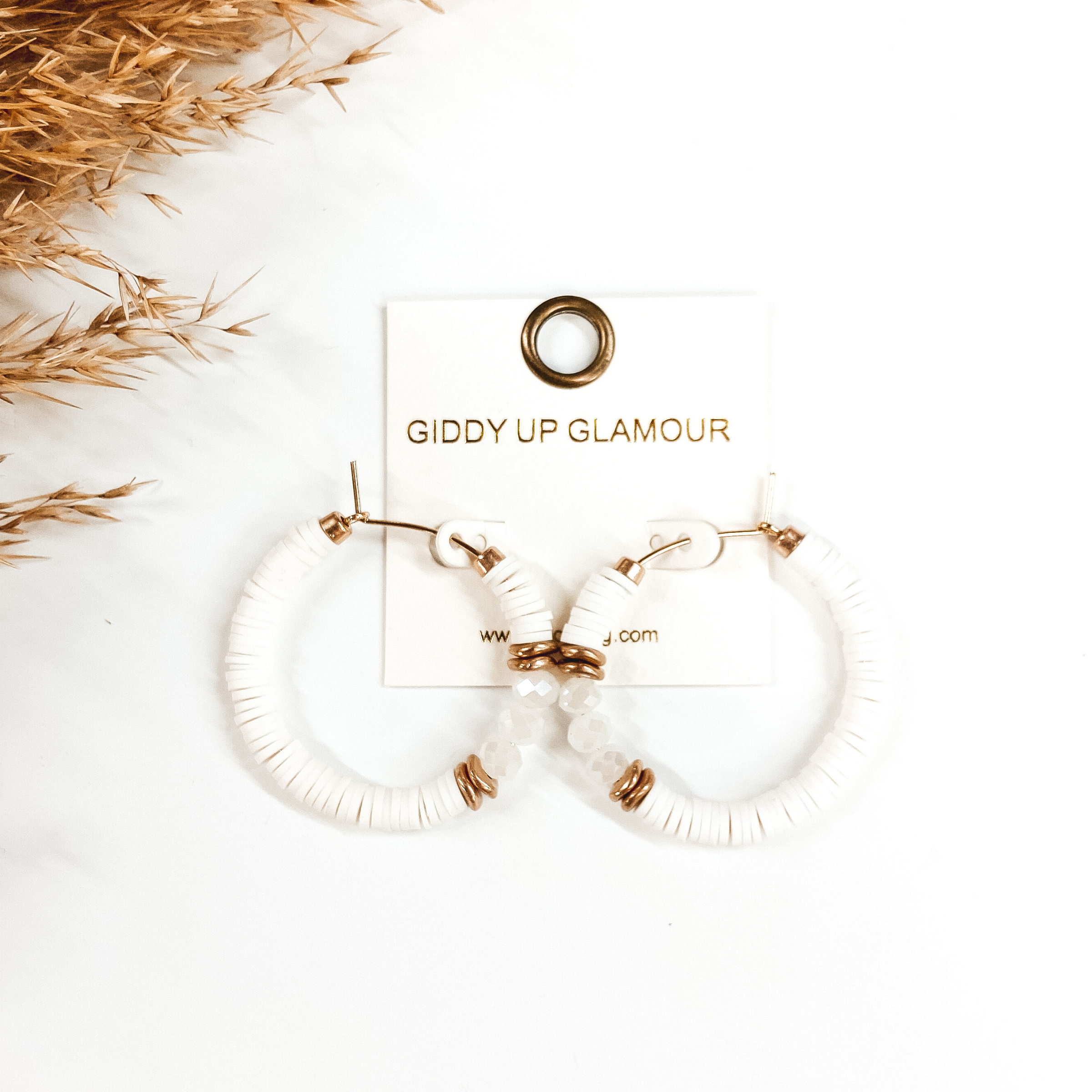 Disc Bead Hoop Earrings with Gold and Crystal Accent in White - Giddy Up Glamour Boutique