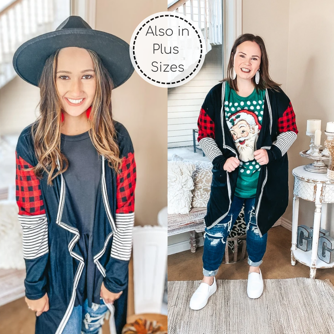 Sweet Feeling Knit Cardigan with Red Buffalo Plaid and Stripe Detail in Black - Giddy Up Glamour Boutique