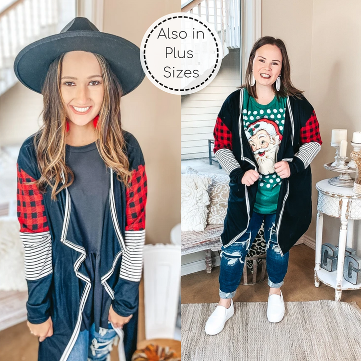 Sweet Feeling Knit Cardigan with Red Buffalo Plaid and Stripe Detail in Black - Giddy Up Glamour Boutique