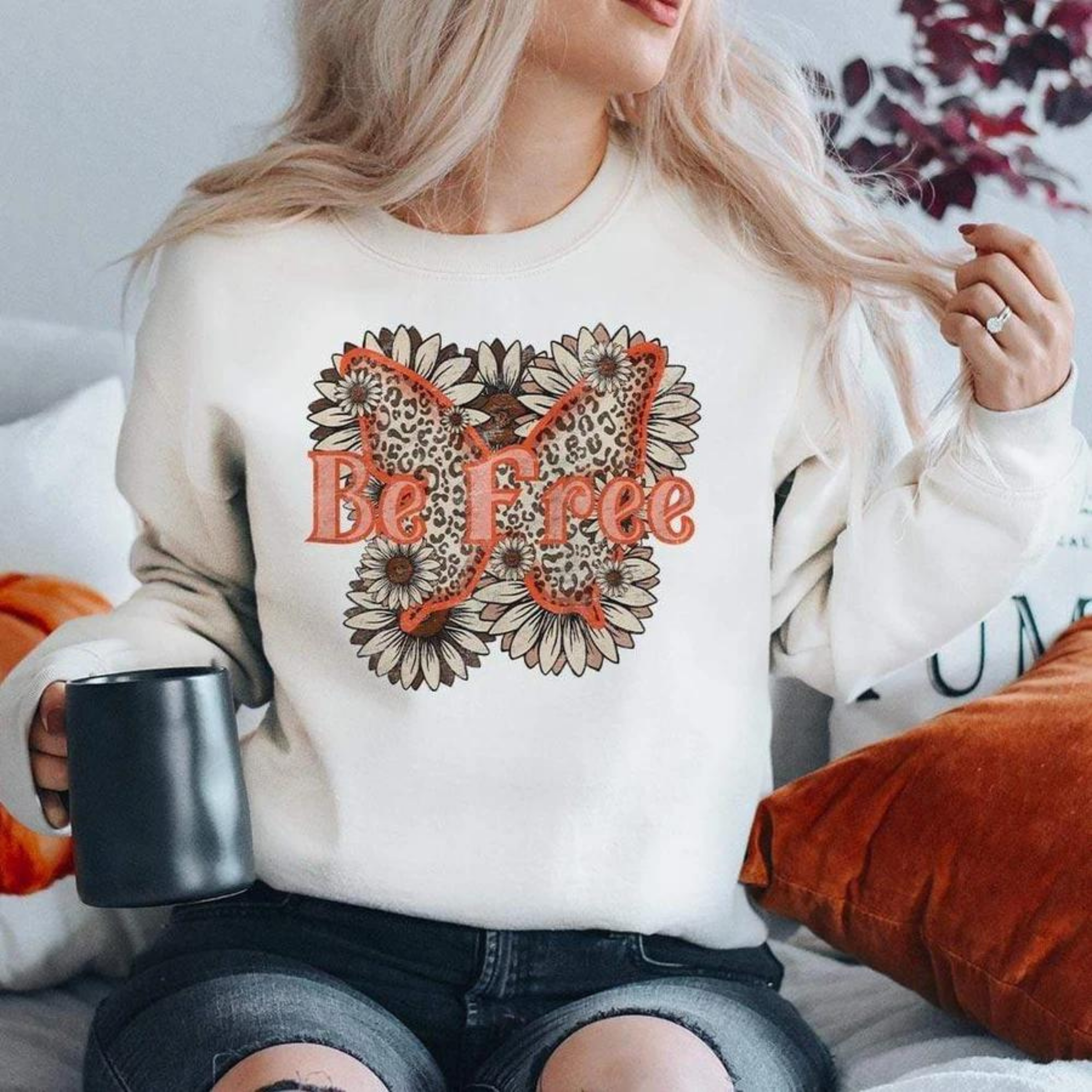 Online Exclusive | Be Free Butterfly Long Sleeve Graphic Sweatshirt in White - Giddy Up Glamour Boutique