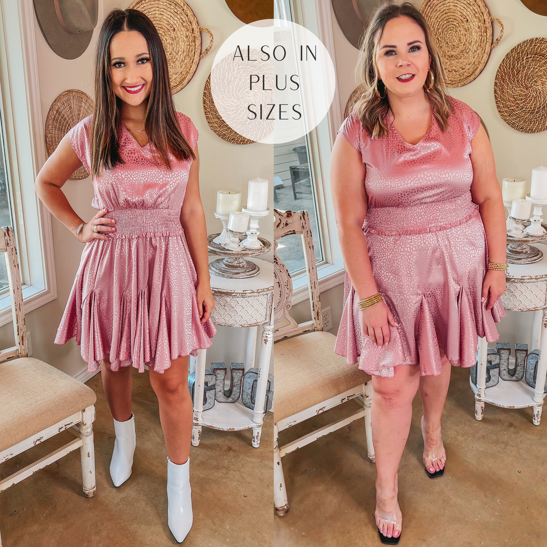 Chardonnay Sips Metallic Dotted Satin Dress with Smocked Waist in Pink - Giddy Up Glamour Boutique