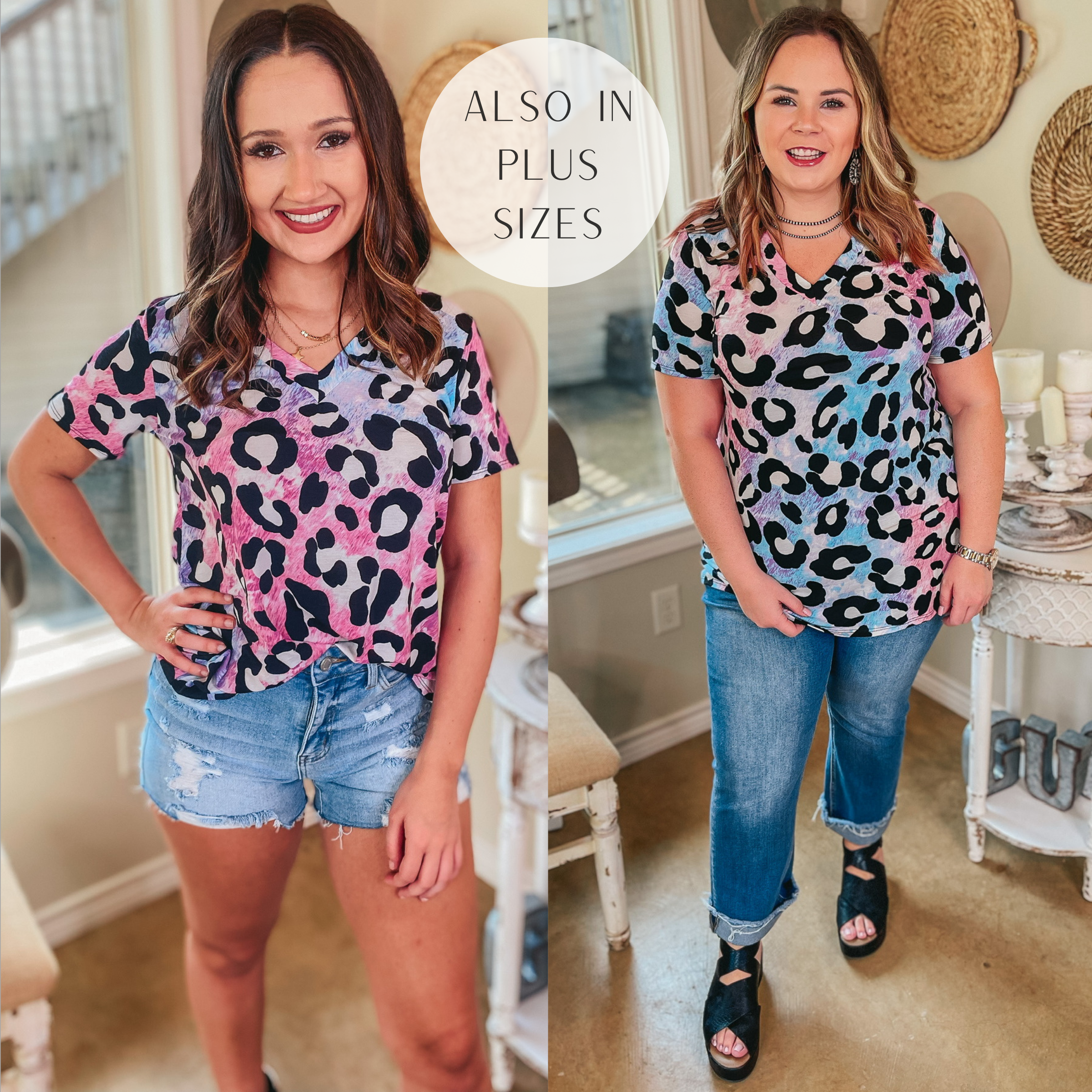 Last Chance Size Small | Keep Things Simple Leopard Print V Neck Tee in Mint, Magenta, and Pink - Giddy Up Glamour Boutique