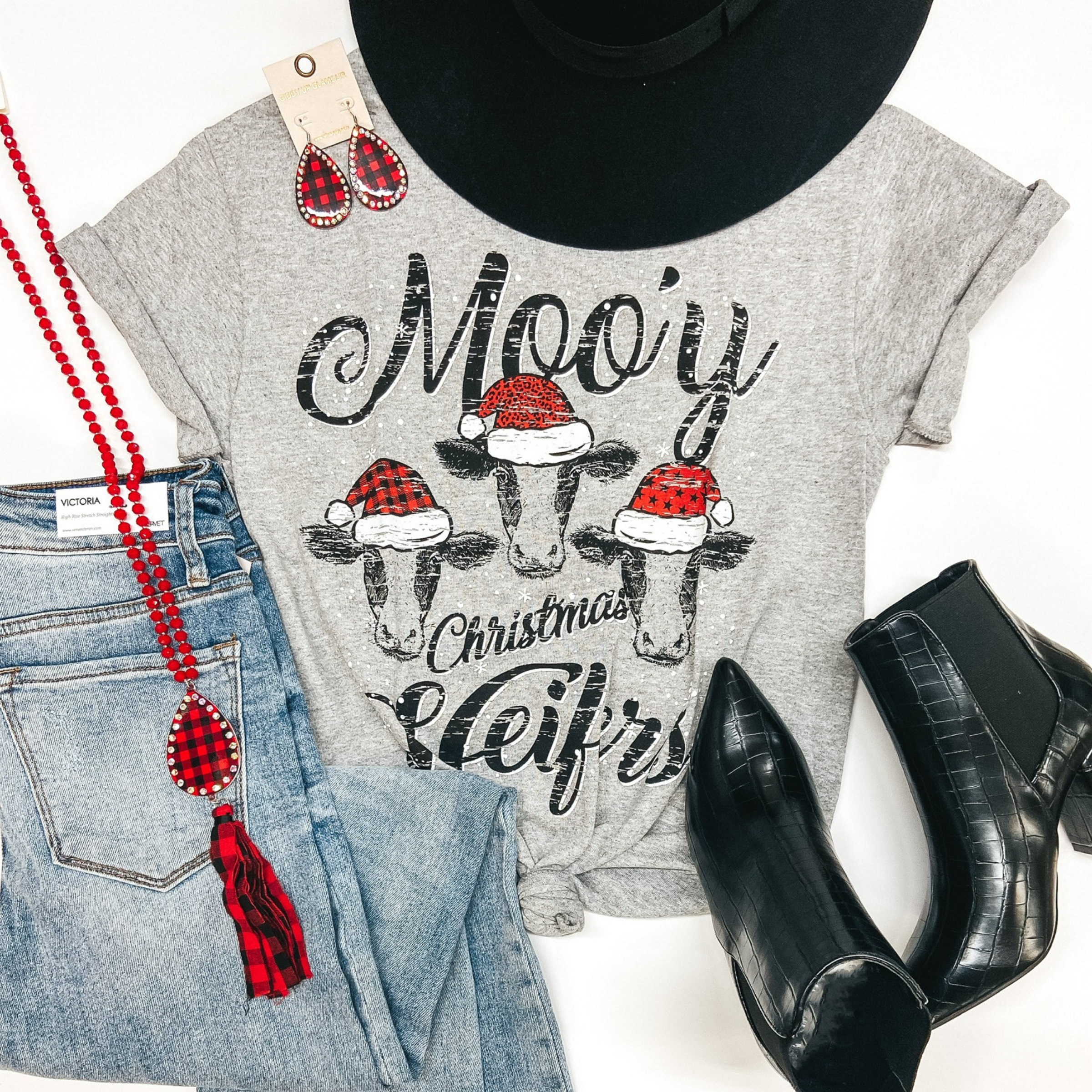 Moo'y Christmas Heifers Short Sleeve Graphic Tee in Heather Grey - Giddy Up Glamour Boutique