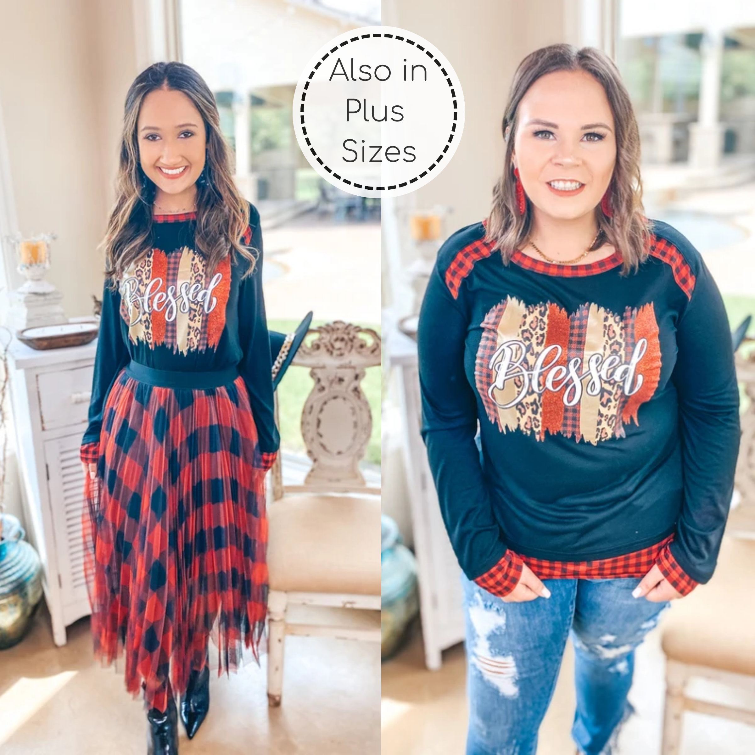 Blessed Mixed Pattern Graphic Tee with Buffalo Plaid Trim in Black - Giddy Up Glamour Boutique