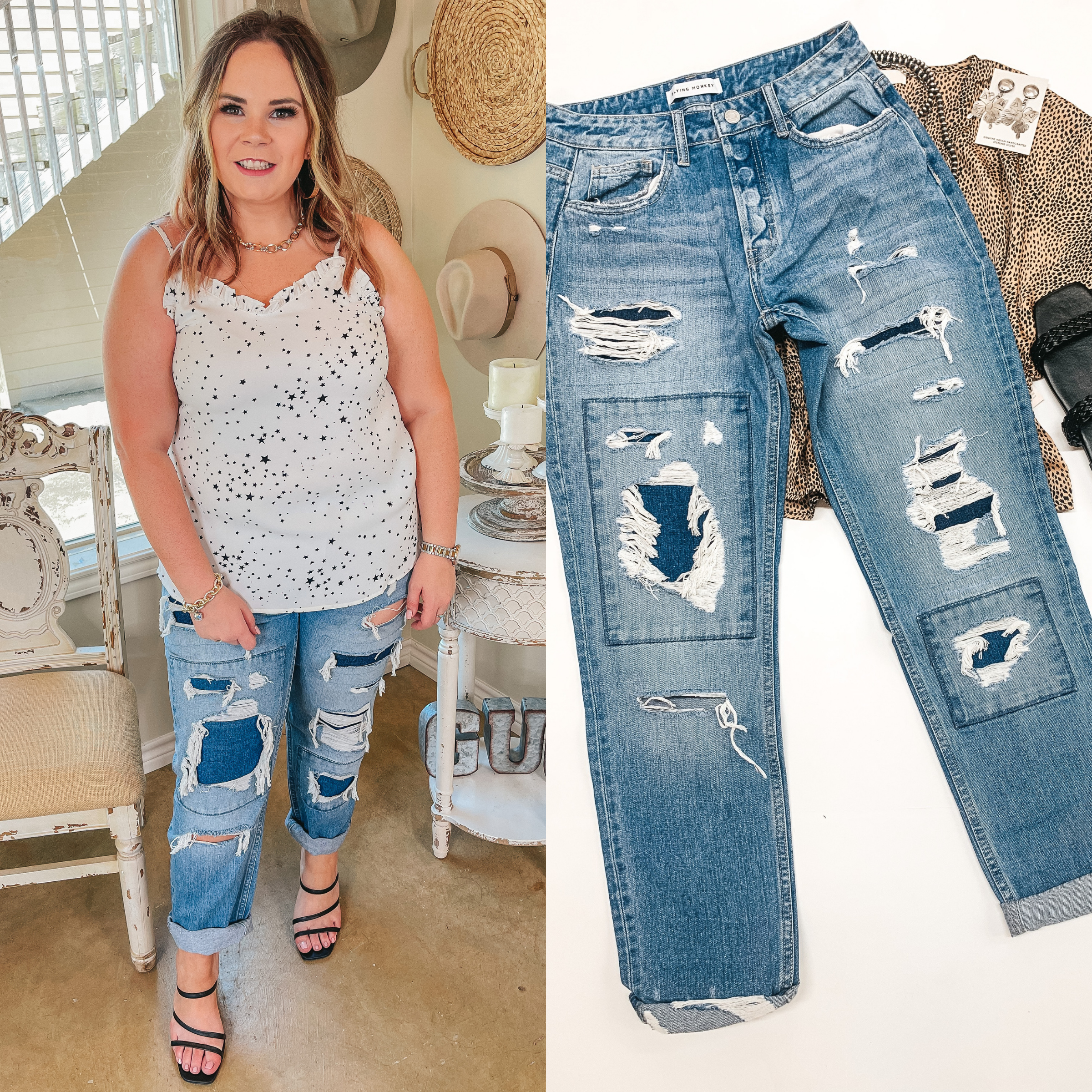 Flying Monkey | City of Love Hidden Button Fly Distressed Patched Boyfriend Jeans - Giddy Up Glamour Boutique