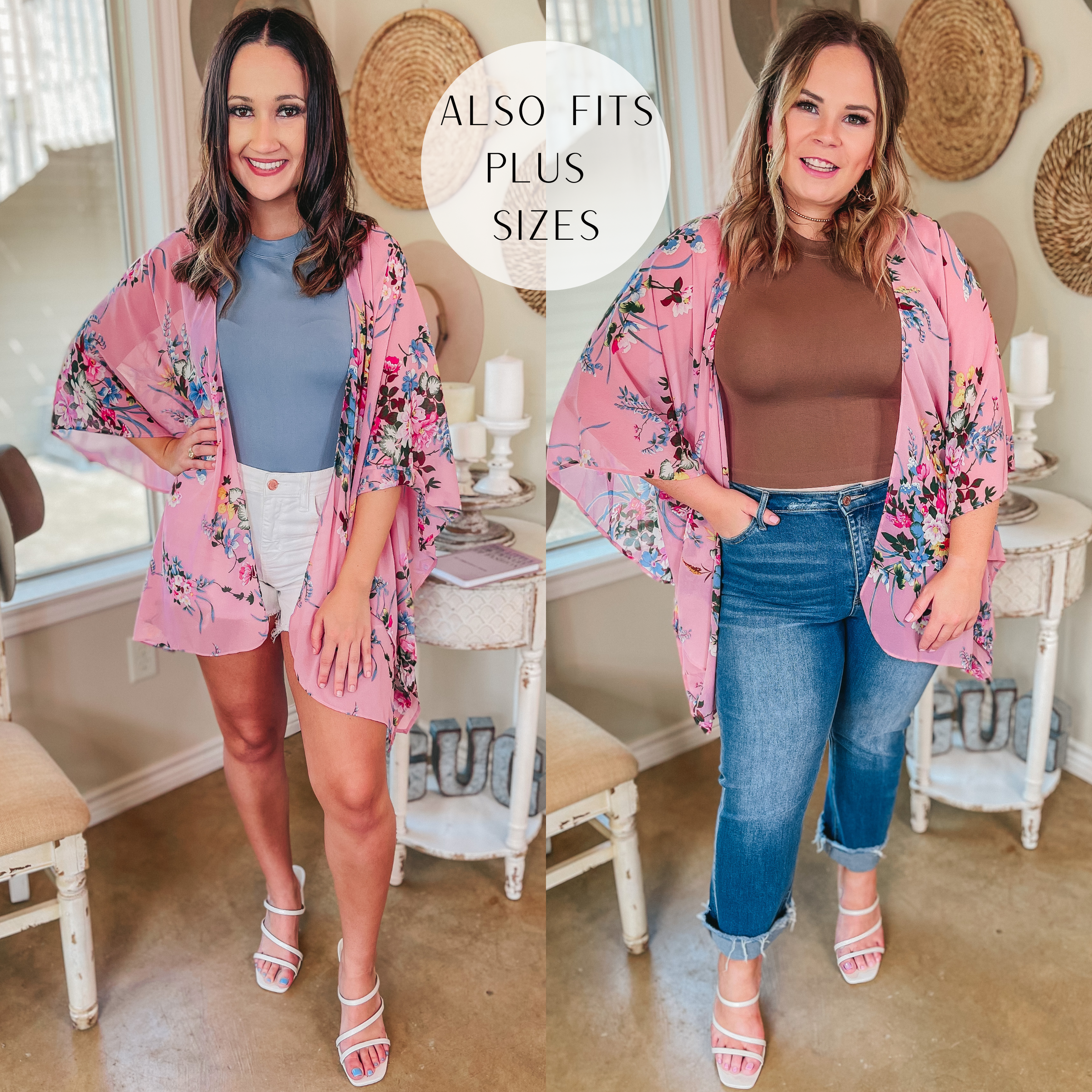 Garden Kisses Open Front Floral Kimono in Light Pink - Giddy Up Glamour Boutique