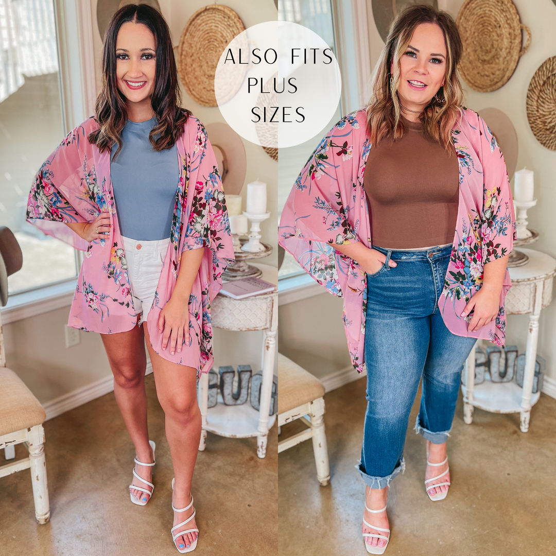 Garden Kisses Open Front Floral Kimono in Light Pink - Giddy Up Glamour Boutique