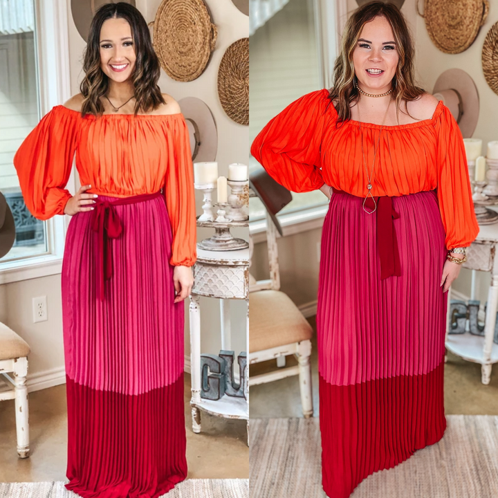 Last Chance Size Small & Medium | Walk On The Bright Side Pleated Off the Shoulder Color Block Maxi Dress in Pink - Giddy Up Glamour Boutique