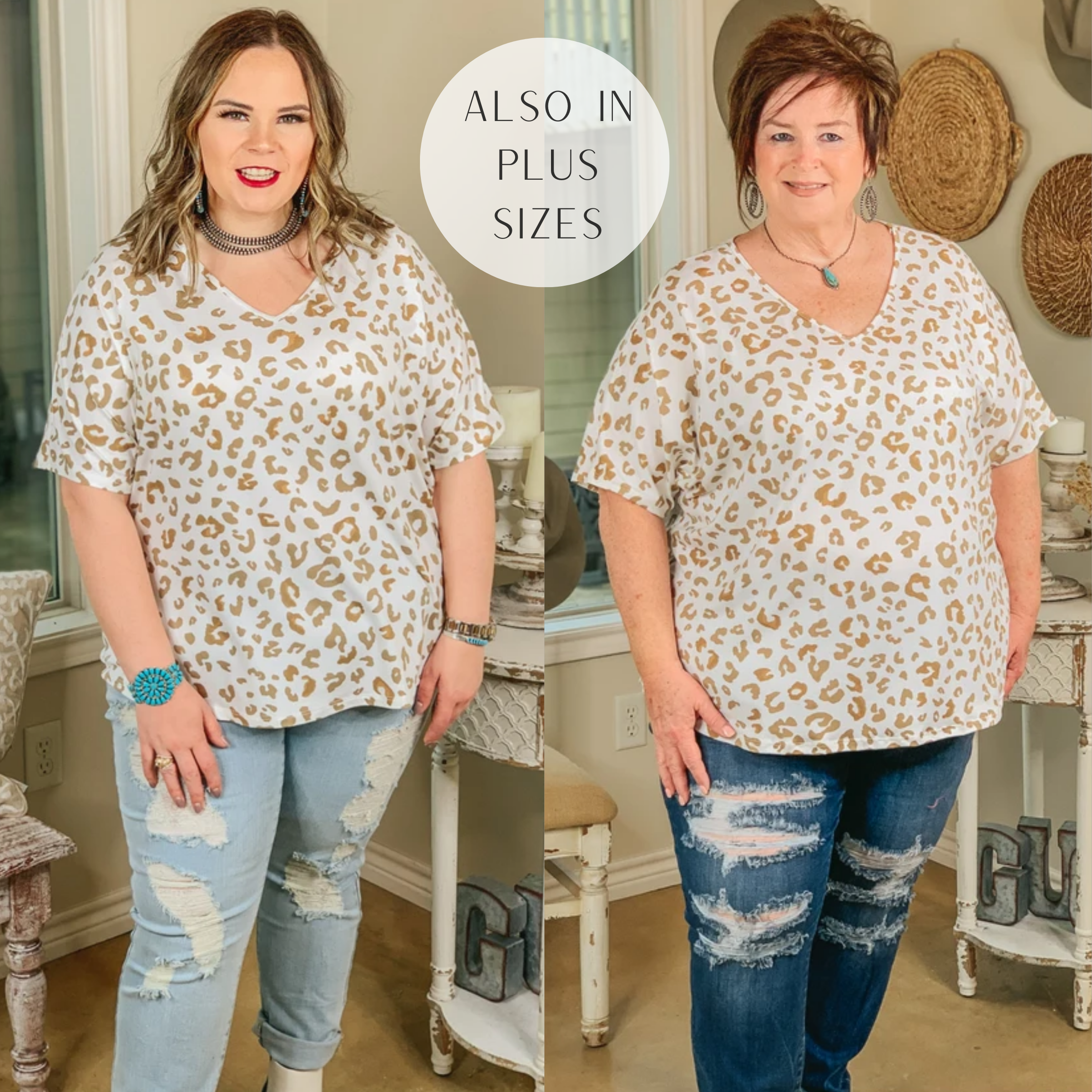 Catching Flights Leopard V Neck Shift Top in Ivory and Sand - Giddy Up Glamour Boutique