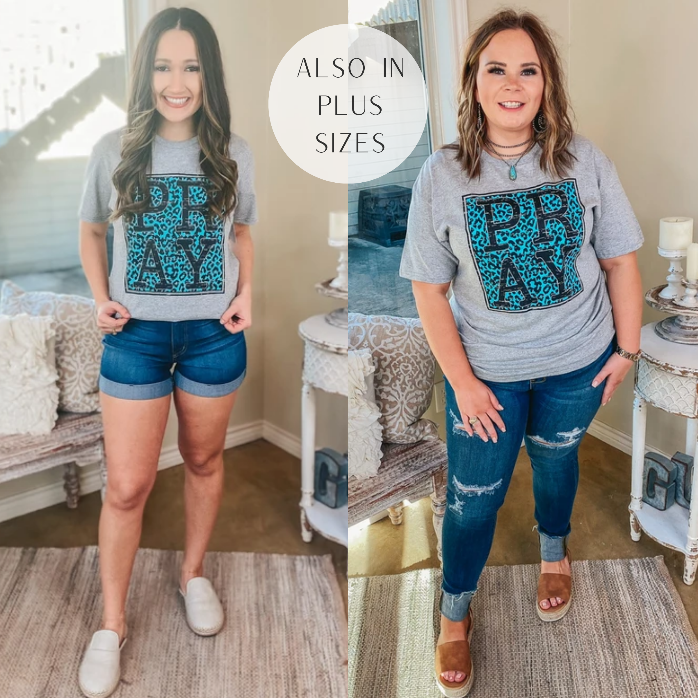 Last Chance Size Small & Med. | Pray Turquoise Leopard Short Sleeve Graphic Tee in Heather Grey - Giddy Up Glamour Boutique