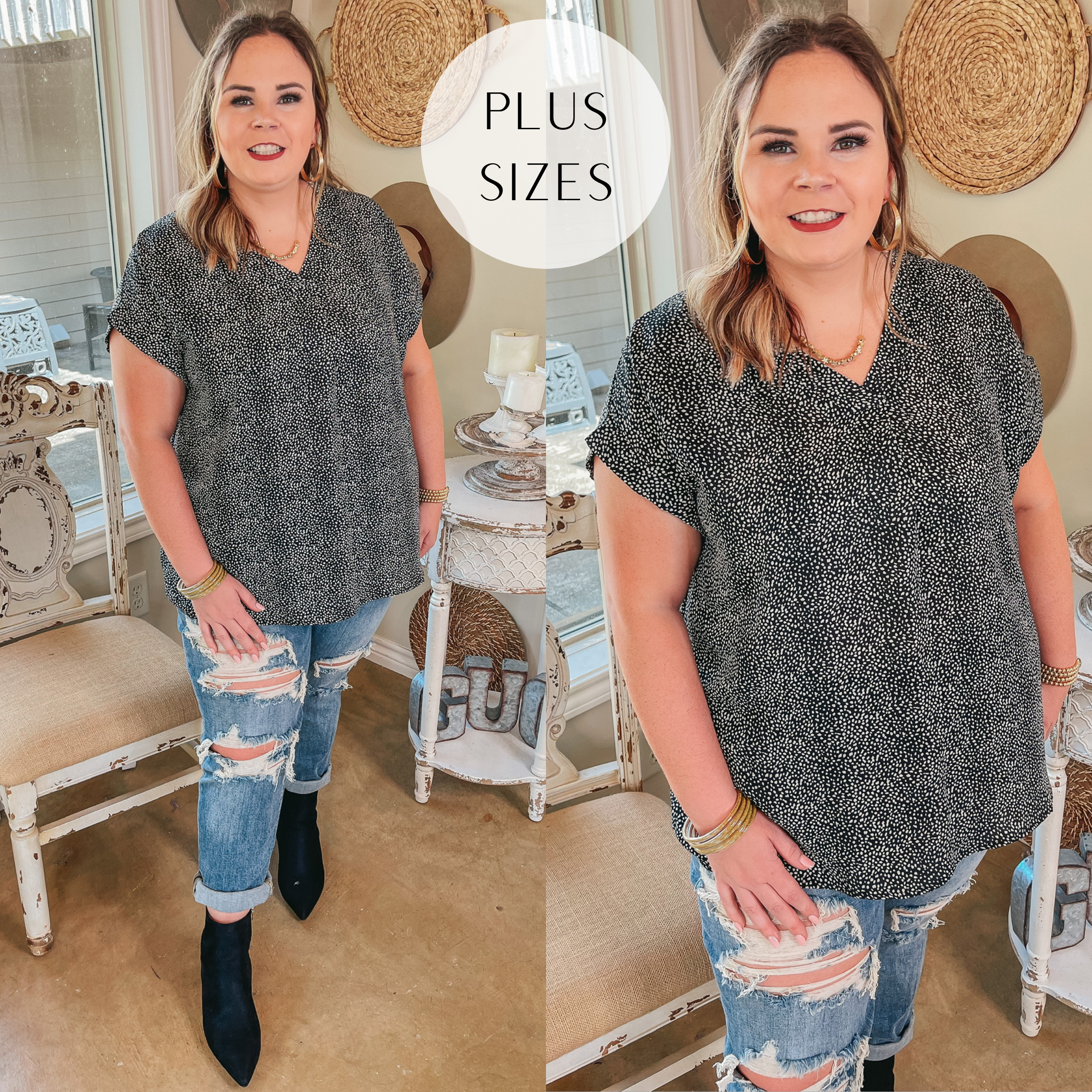 Plus Sizes | Wonderful Welcome Dotted V Neck Short Sleeve Top in Black - Giddy Up Glamour Boutique