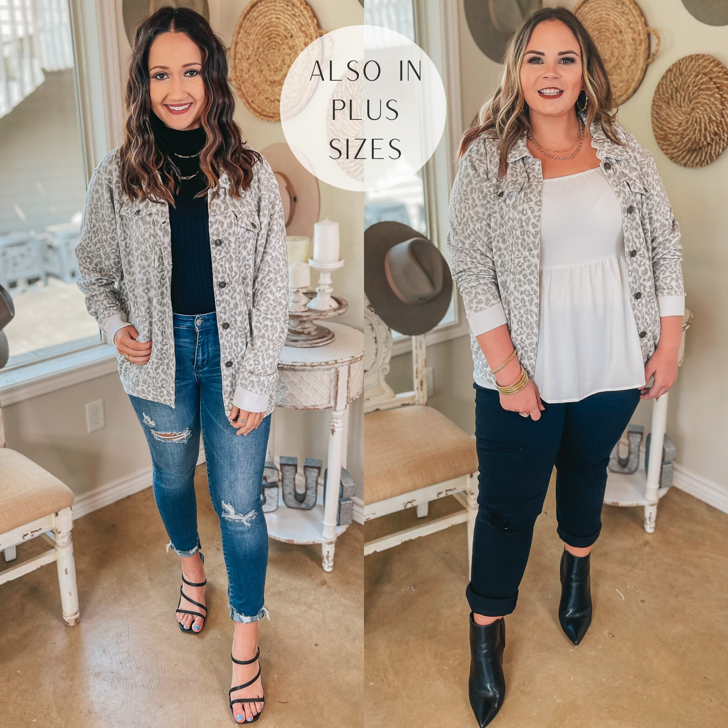 Last Chance Size Small | Weekend Dreaming Button Up French Terry Jacket with Pockets in Grey Leopard - Giddy Up Glamour Boutique