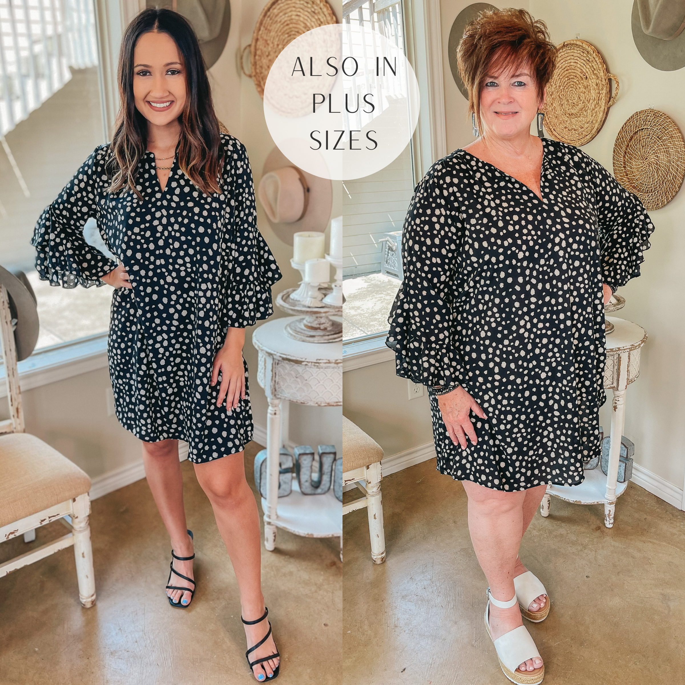 Last Chance Size Small & Medium | It's A Date Notched V-Neck Dotted Dress with Bell Sleeves in Black - Giddy Up Glamour Boutique
