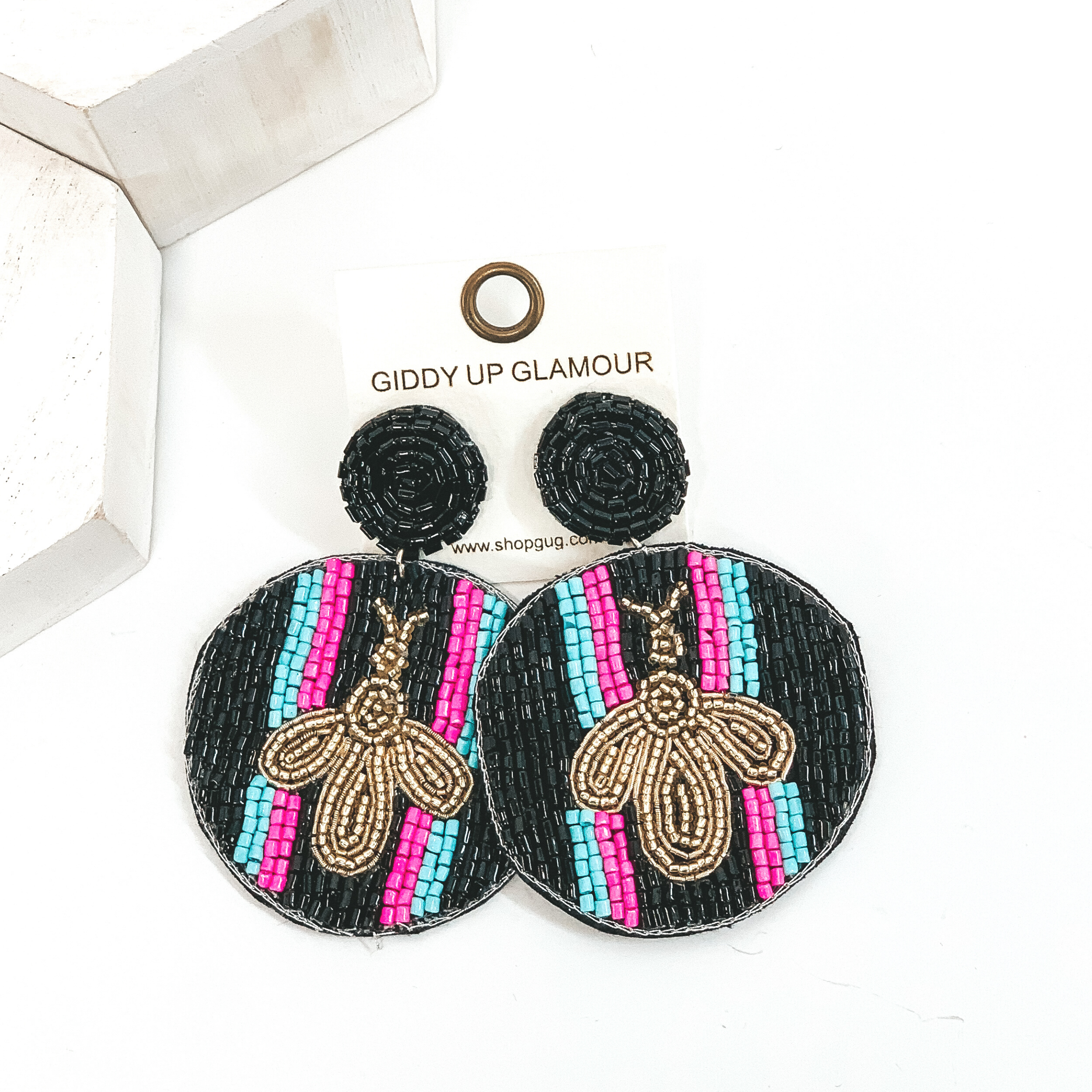 Bee Happy Circle Drop Beaded Earrings in Black - Giddy Up Glamour Boutique