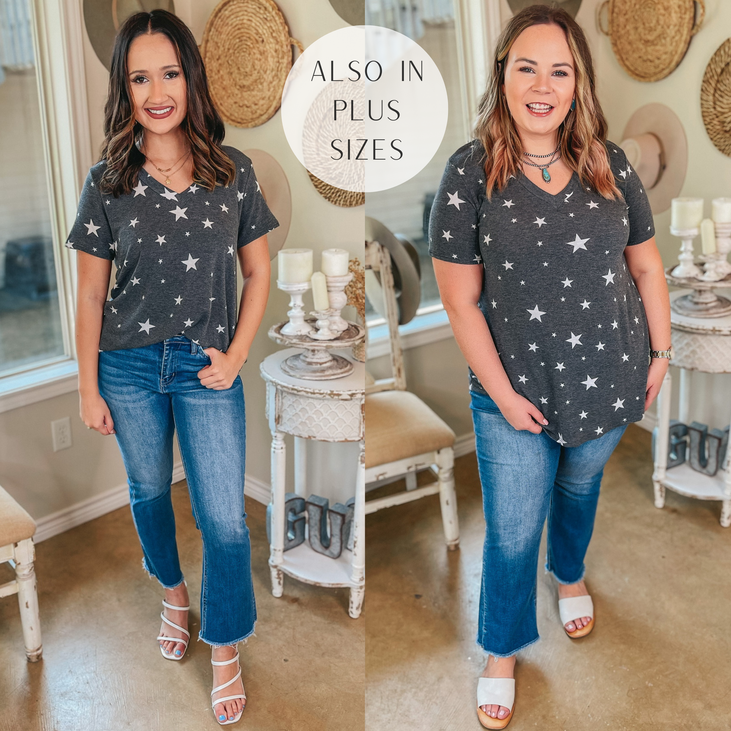 Keep Things Simple Star Print V Neck Tee in Grey - Giddy Up Glamour Boutique